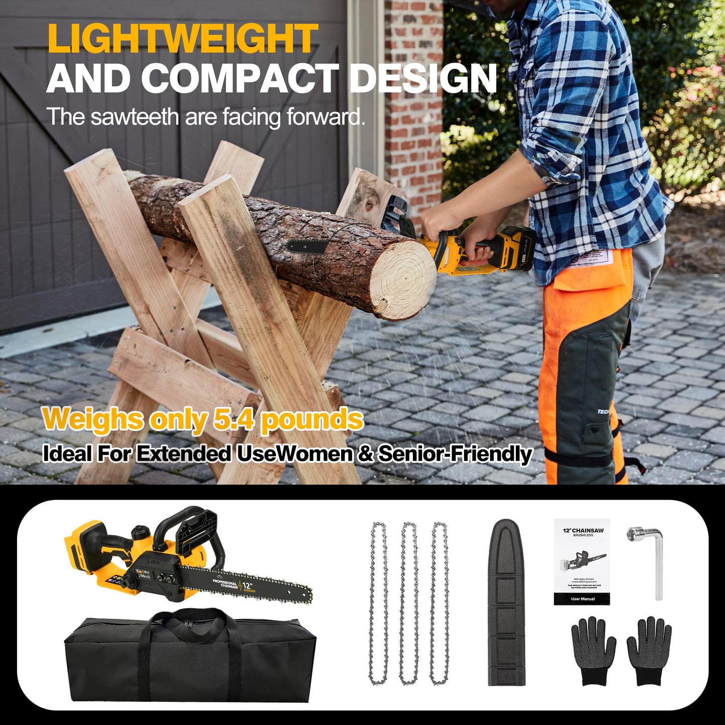 Brushless Electric Chainsaw 12" Cordless Tool Only for Dewalt 20V/60V Battery with Auto Oiler & Security Lock, for Tree Saw Trimming and Branch Wood Cutting (Tool Only)