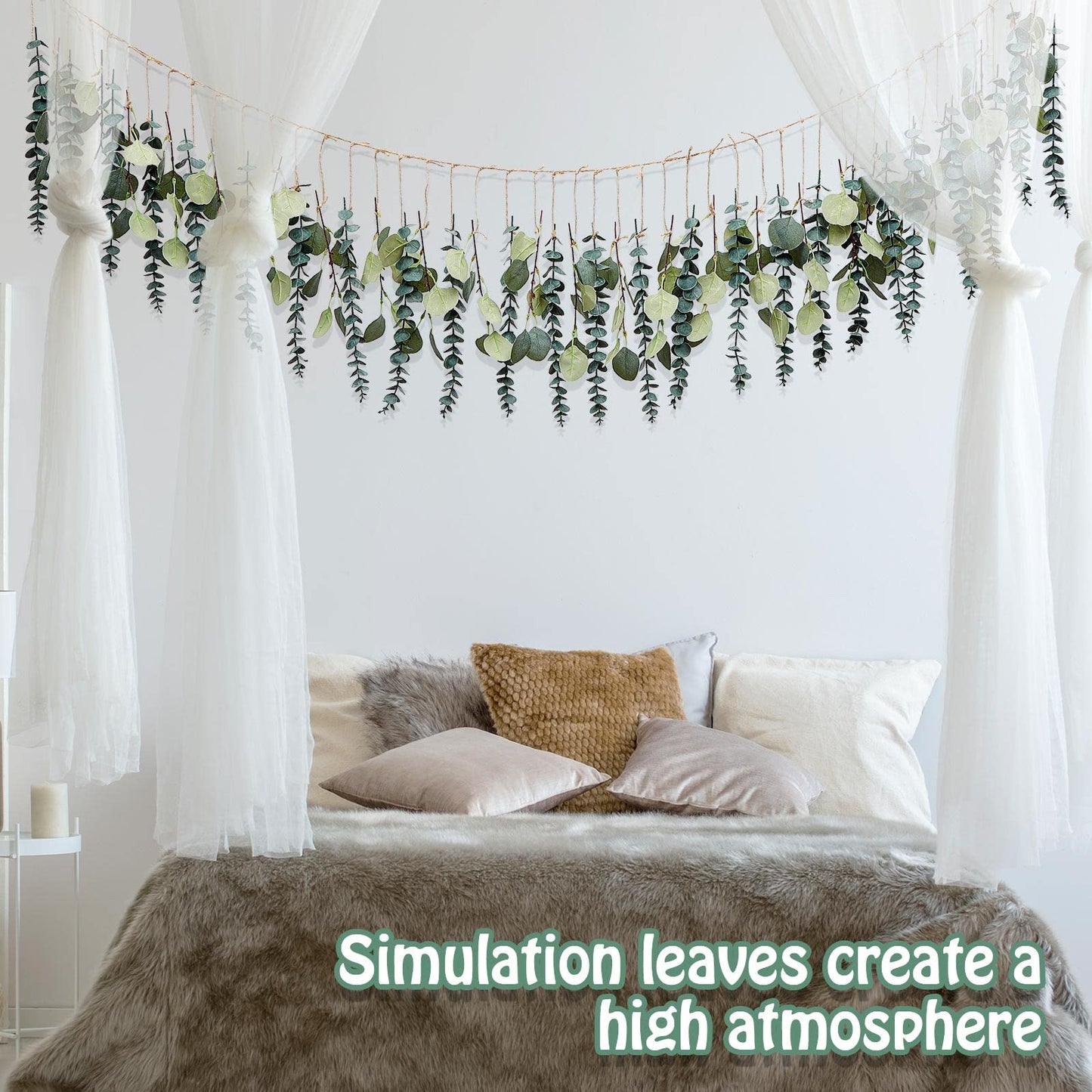 Juexica Artificial Hanging Eucalyptus Wall Decor Boho Bedroom Wall Decor with LED String Light for Home Office Farmhouse Nursery Bathroom Kitchen