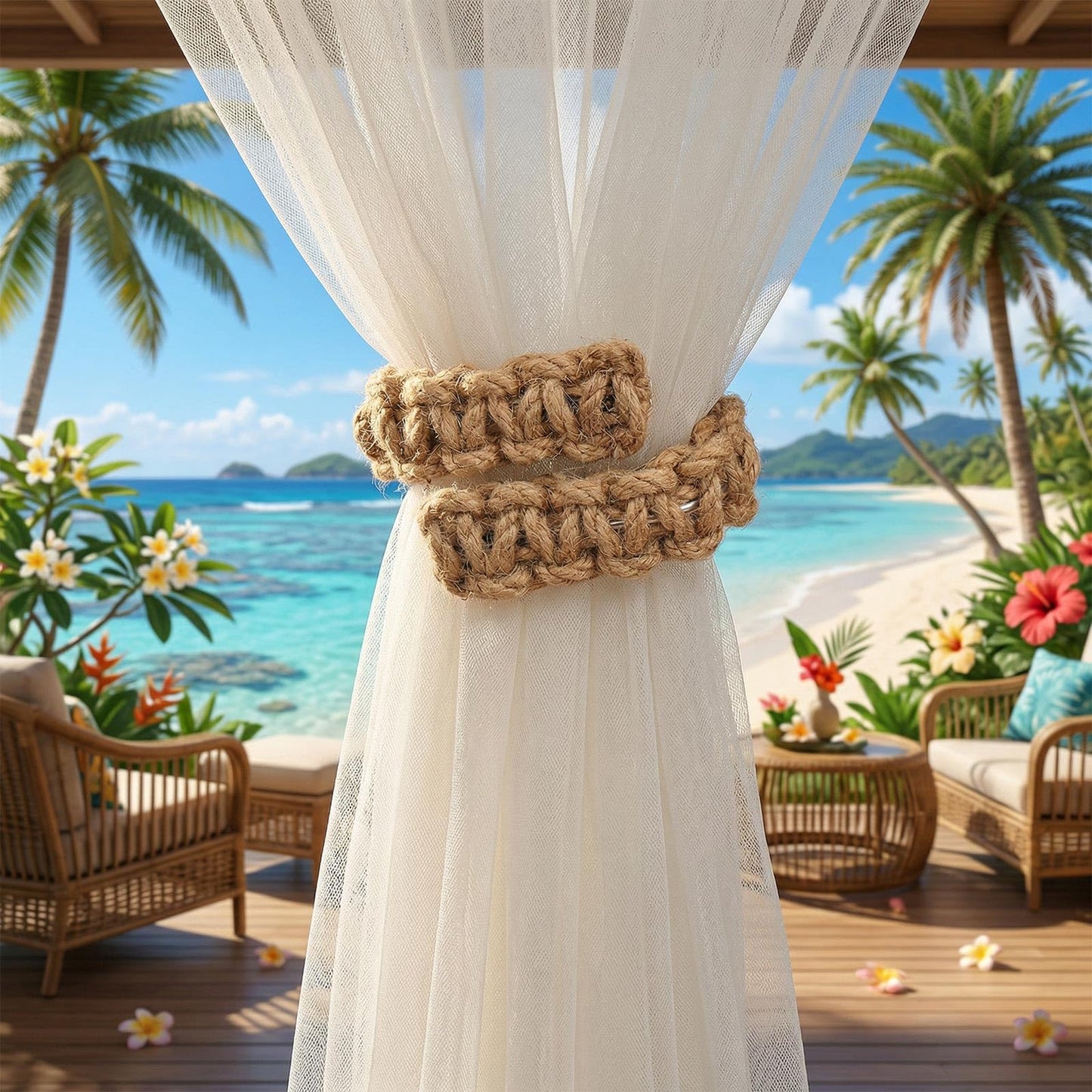 4 Pcs Braided Curtain Tiebacks Boho Flexible Rope Drapes Holder Braided Jute Curtain Tiebacks for Home Office Bedroom Window