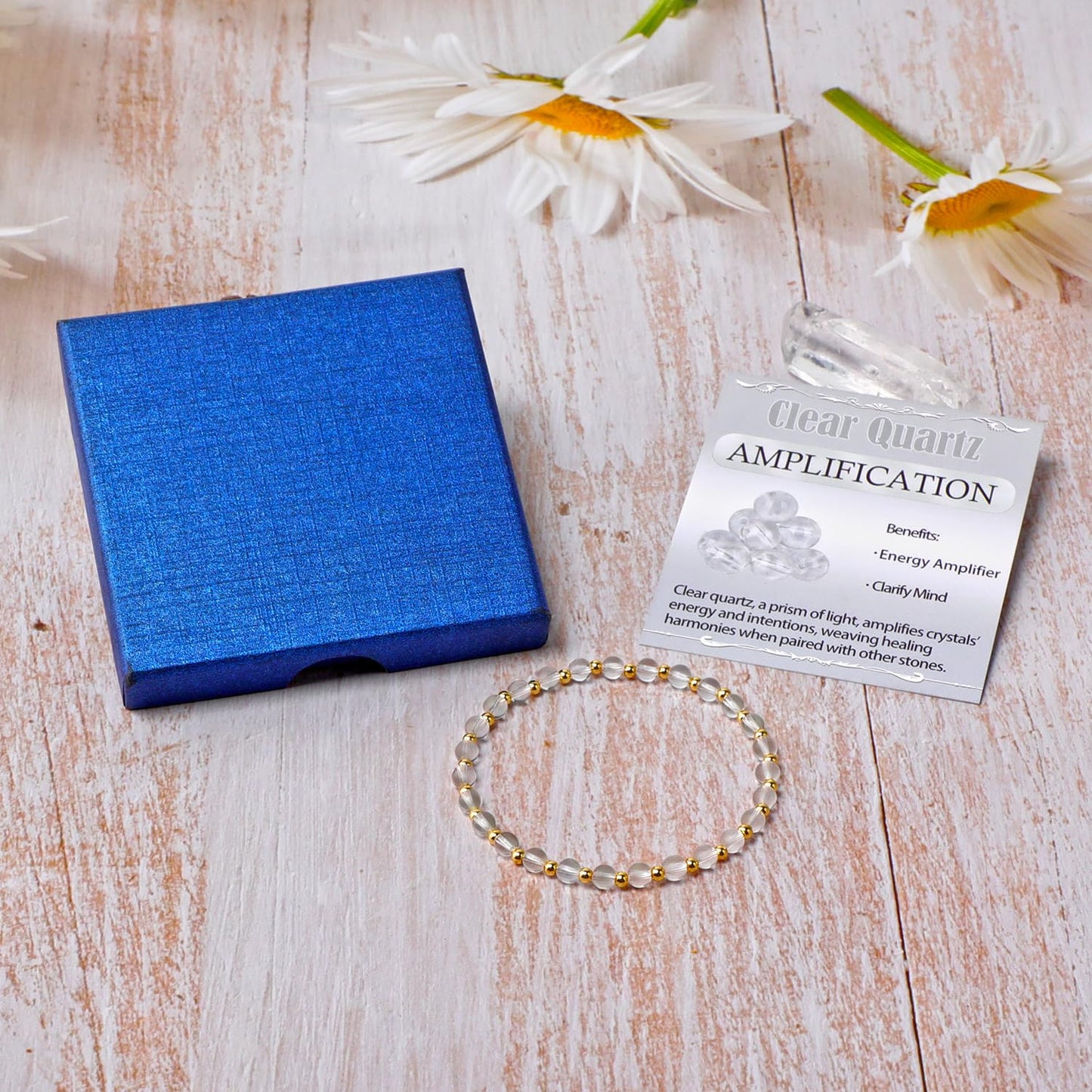 QOGIR Clear Quartz - Amplification - 14K Gold Plated Beads Natural Gemstone Stretch Elastic Dainty Healing Beaded Bracelets Gifts 4mm