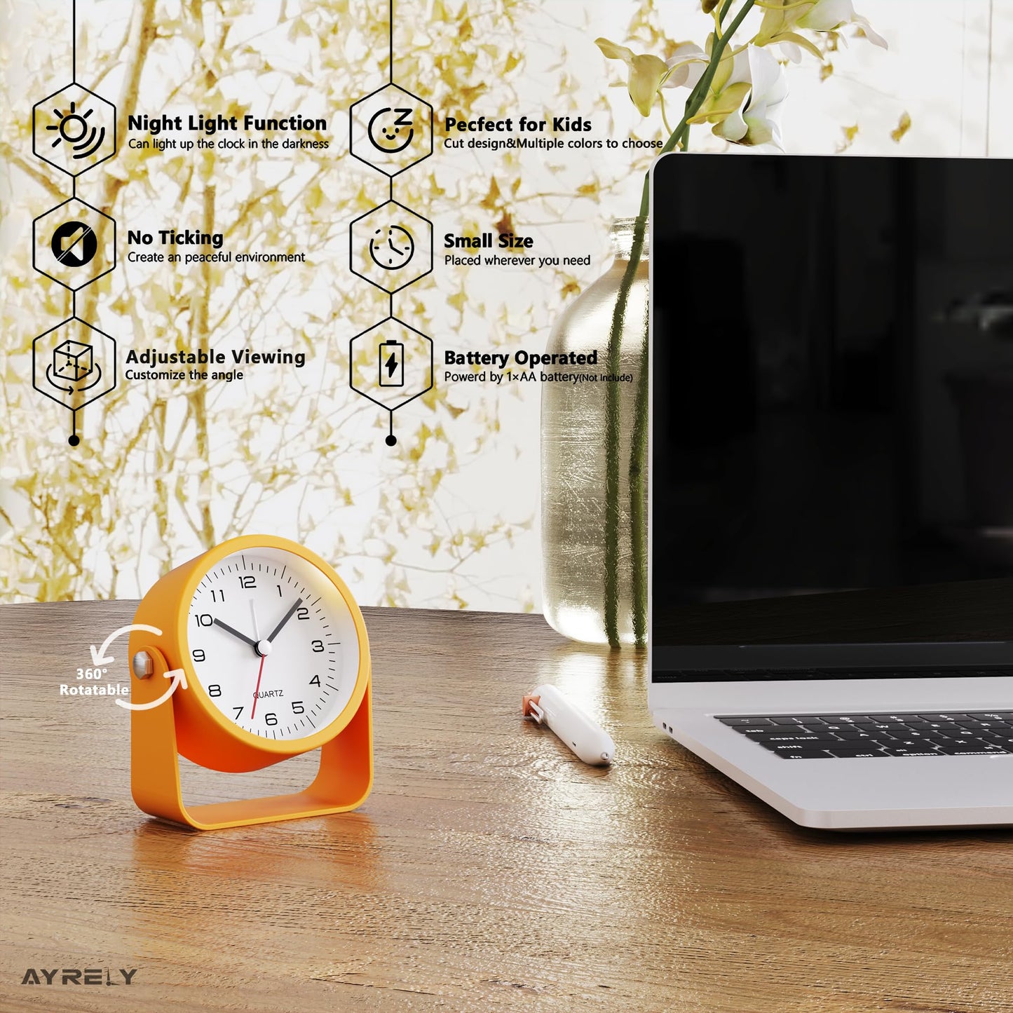 AYRELY® 3.5 Inch Small Analog Alarm Clocks,Battery Operated Desk Clock,Cute Table Clock with Light,Adjustable Angle for Travel,Bedside,Bedroom,Kids,Living Room Decor(Orange)