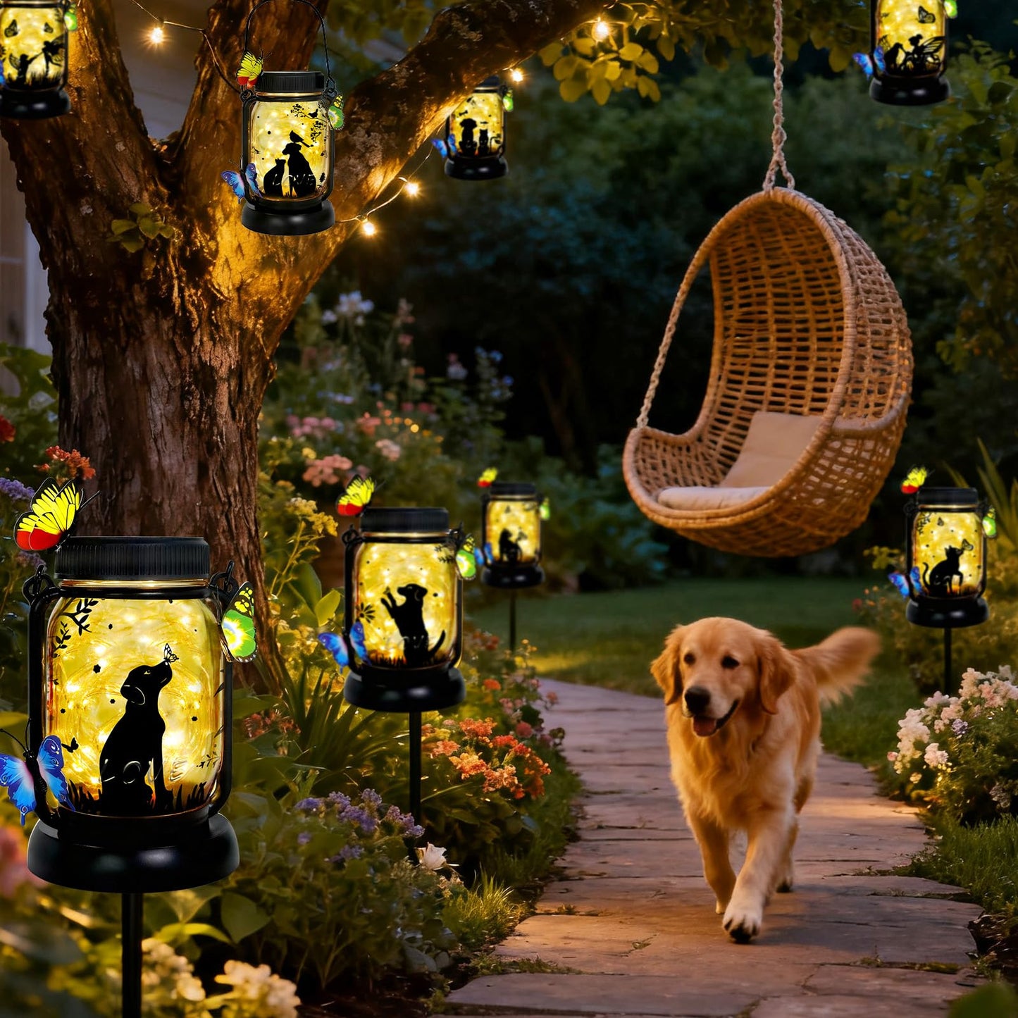 Dog Solar Lanterns Outdoor Garden Solar Dog Lights Dog & Cat Lover Gifts for Women Mom Grandma, Butterfly Fairy Lights Waterproof Hanging Mason Jar Lamps (Dog Kiss Butterfly)