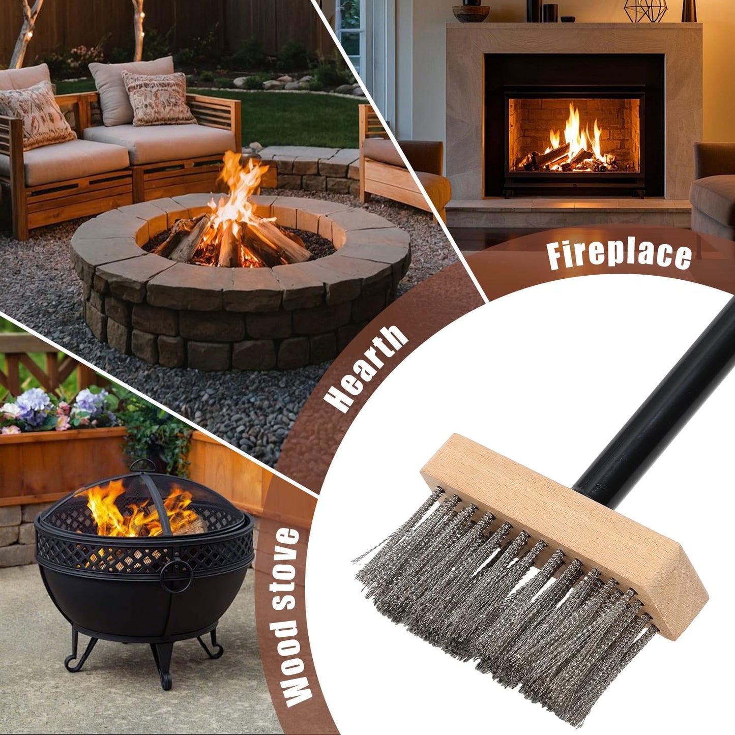 59" Fireplace Brush, Adjustable Metal Handle with Metal bristles, Suitable for Indoor fireplaces, Outdoor fire pits, and Camping. Easily Clears Ashes and Embers