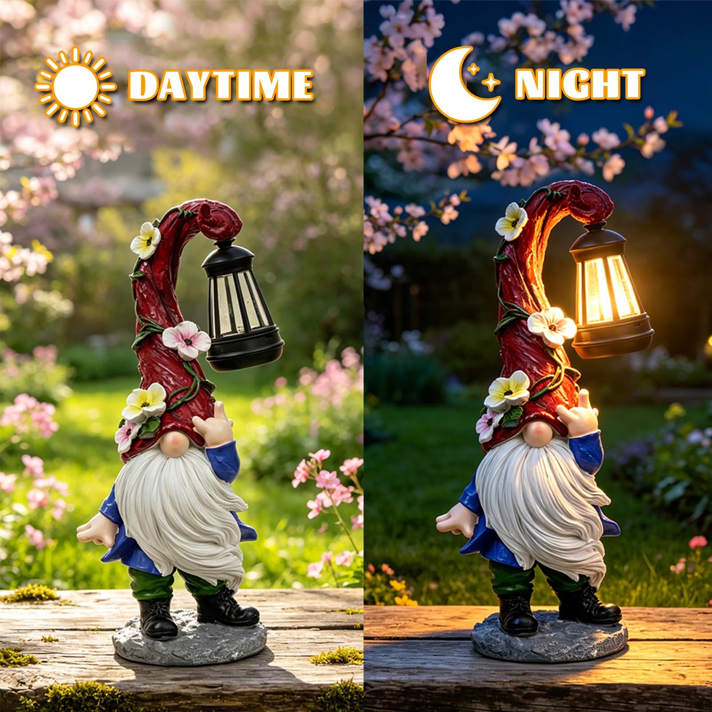 PaLuQiYa Garden Gnome Statue with Solar Lights 13.7" Garden Sculptures Gnomes Decorations Gnome Outdoor Patio Lawn Yard Balcony Birthday Gift for Mom Grandma(Right Light)
