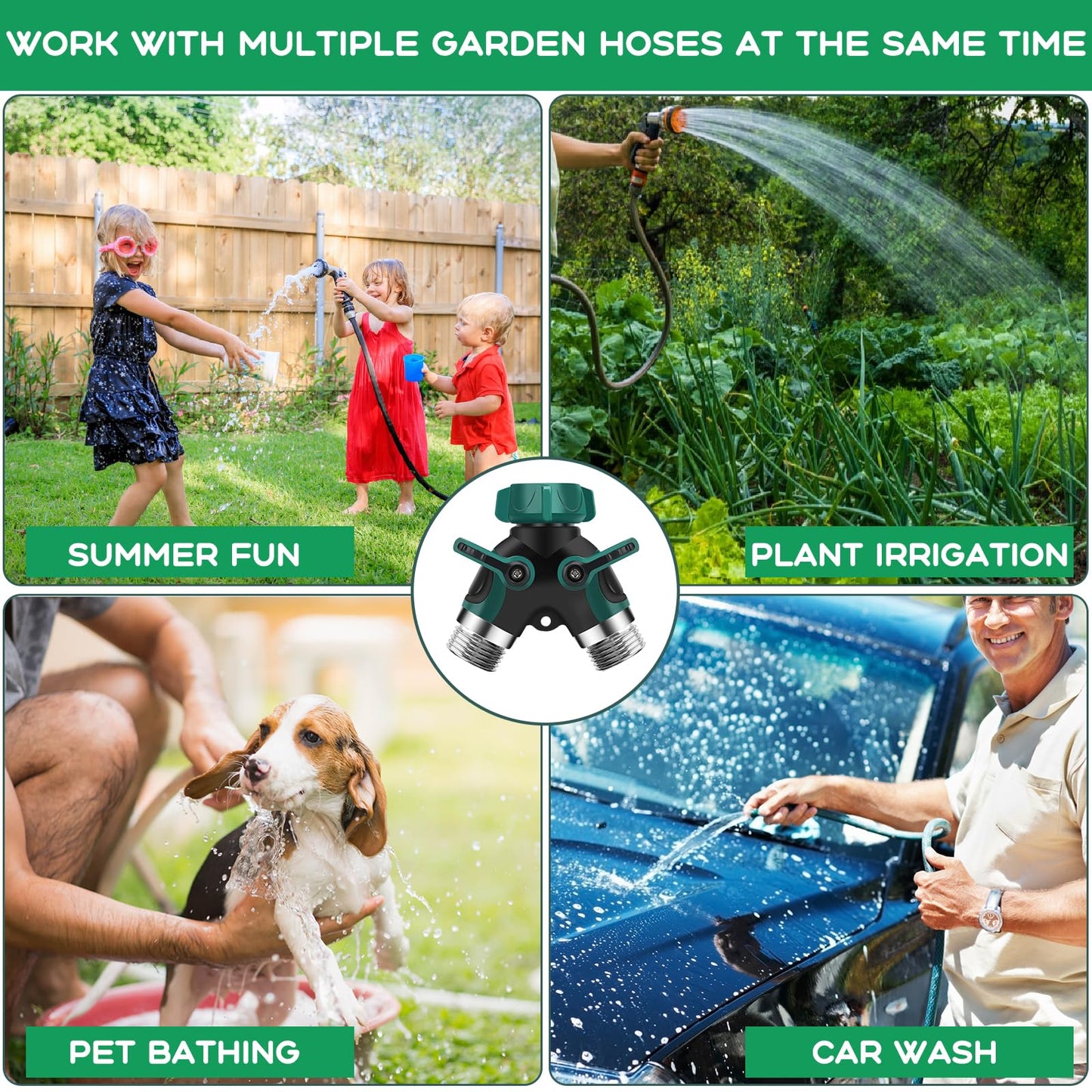 Garden Hose Splitter 2 Way, 3/4" Y Water Hose Splitter with Comfort Rubber Long Handle, Faucet Splitter, Heavy Duty Metal Connector with 2 Kink Free Faucet Extension Hose Protector