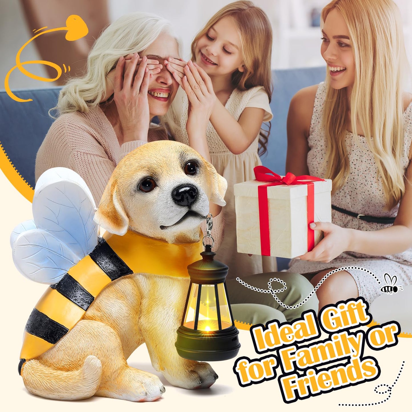 Aclema Solar Garden Statue - Honeybee Dog Figurine with LED Lantern, Resin Outdoor Decor for Patio, Lawn & Yard, Garden Art, Ideal Gift for Mom, Grandma, Housewarming