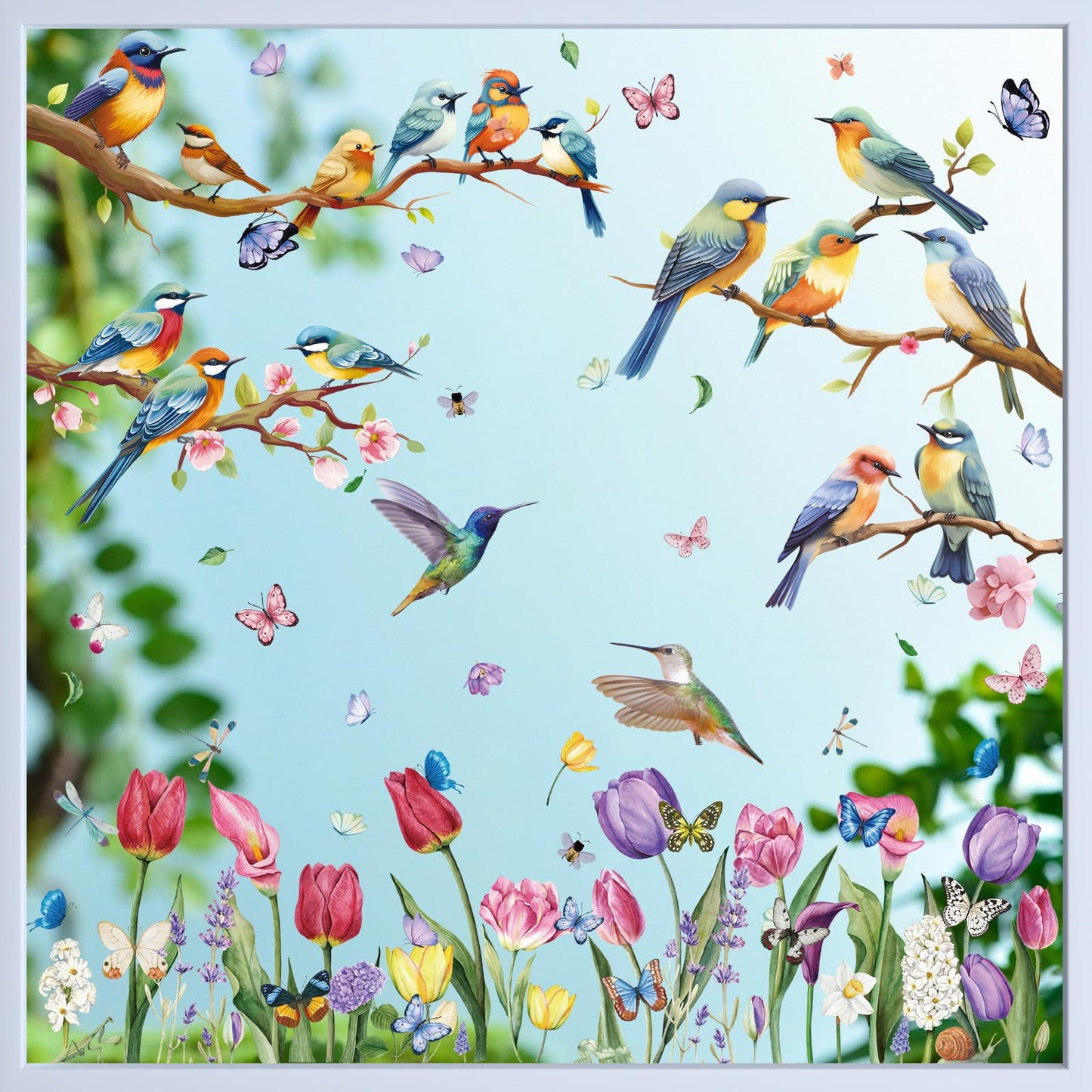 Hianjoo 9 Sheets 76 PCS Tulip Window Clings with Bird Branch Butterfly Double Sided Reusable Spring Holiday Decorations for Room Office