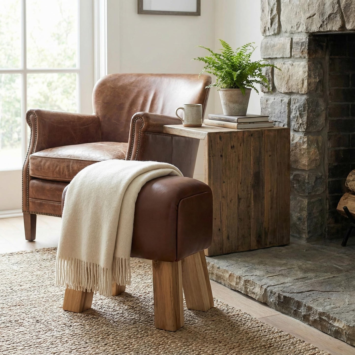 Bare Decor Gorgie Accent Stool in Brown Genuine Leather with Teak Legs Small