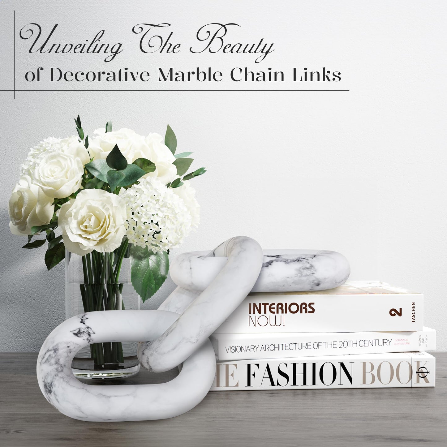 Kaivi Artisan Hand-Crafted Marble Decor Chain Link, Timeless Decorative Marble Links Home Decor for Living & Outdoor Spaces, Unique Marbling, Smooth Premium Imported Marble 13", Nero Marquina