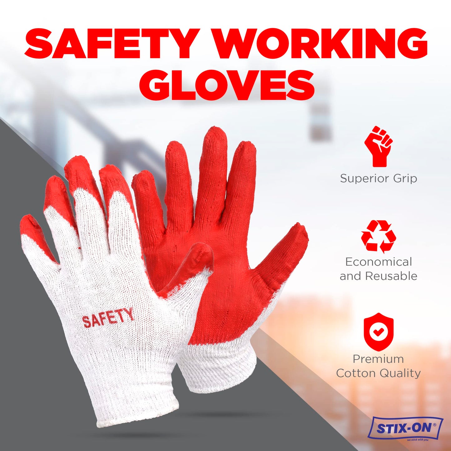 STIX-ON SAFETY Non-Slip 100 Pairs Work Construction Gloves - Red Latex Cotton Working Nitrile Rubber Palm Coated Garden Medium/Large (Pack of 100)