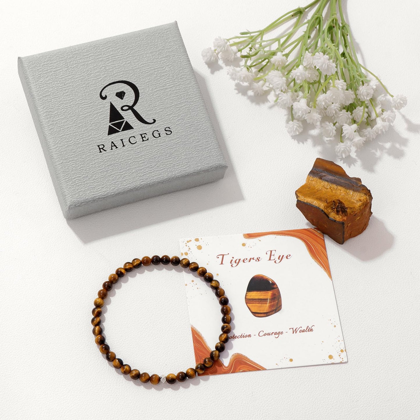 Raicegs 4MM Tiger Eye Beaded Bracelets Healing Crystal Bracelet for Women Men Natural Stone Handmade Stretch Bracelet Reiki Spiritual Jewelry