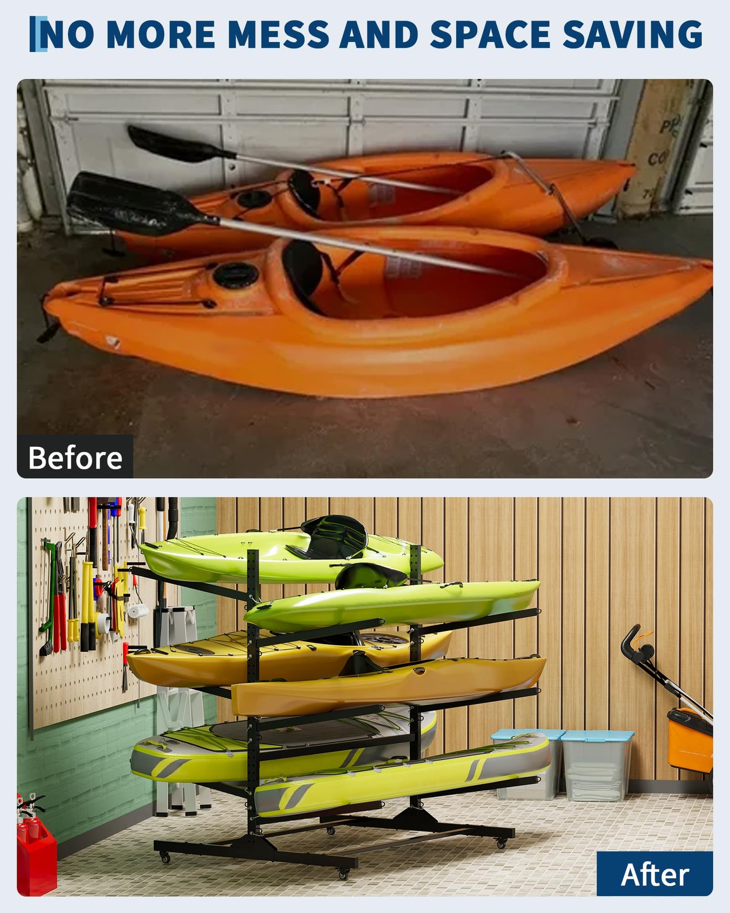 GarveeLife Kayak Storage Rack for 6 Kayaks Freestanding Kayak Rack for Outdoor Storage with Movable Wheels, Heavy-Duty Steel Kayak Hanger Holder with Hanging Straps