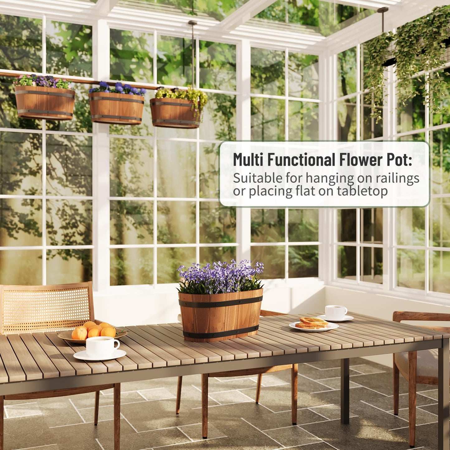 WELUKGUUD Hanging Wooden Flower Pots, Railing Planter for Any Balcony, Porch or Deck Countryside Style with Detachable Hooks for Garden Yard Home Decor (Brown)