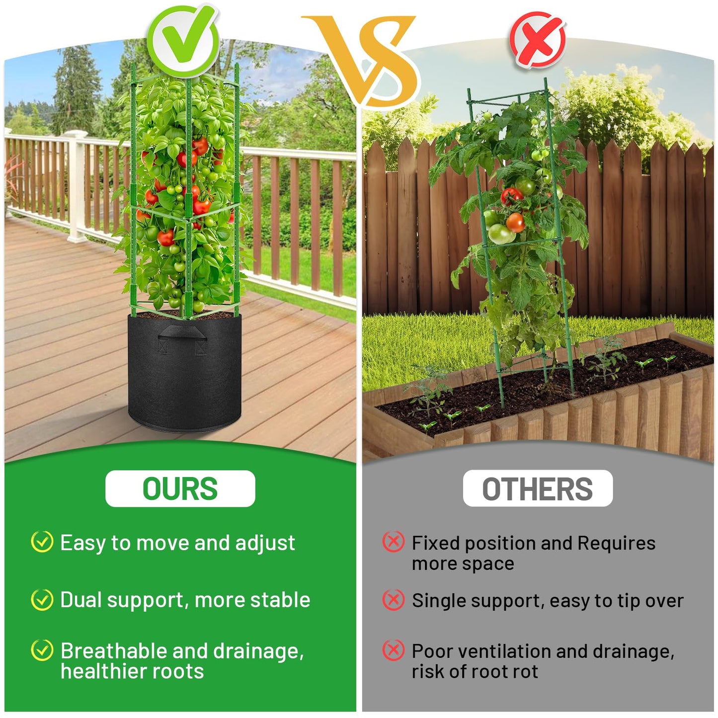 Legigo 4 Pack Tomato Cages with 10 Gallon Grow Bags- 48 Inch Tomato Trellis Planter Plant Support Stakes, Tomato Plant Cage Garden Trellis for Vertical Climbing Plants Vegetables Flowers Fruits