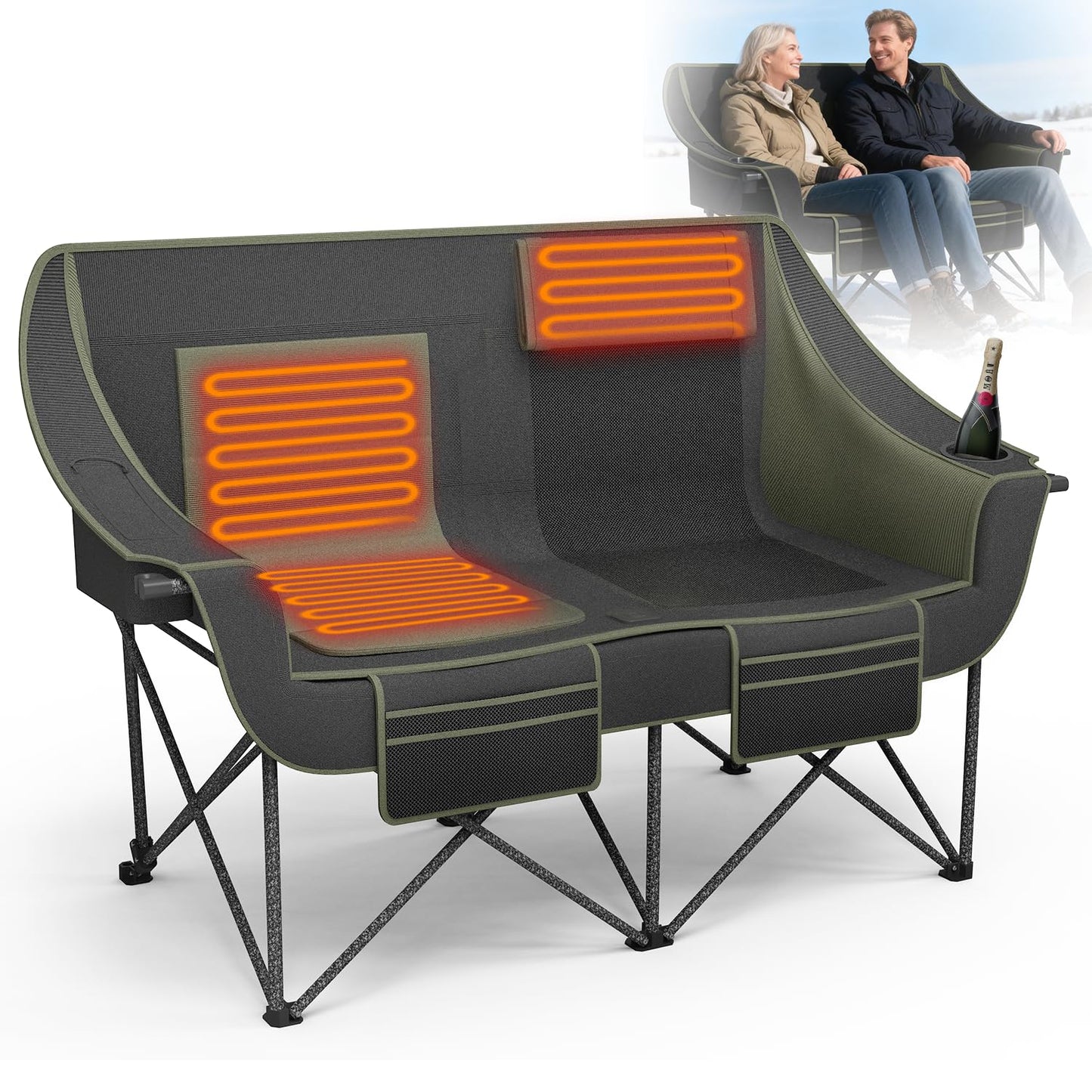 Heavy Duty Double Camping Chair with Padded Camping Loveseat – Oversized 2 Person Folding Camping Chair for Adults,Portable Camping Sofa with Cup Holders & Carry Bag for Outdoor Lawn, Beach or Patio