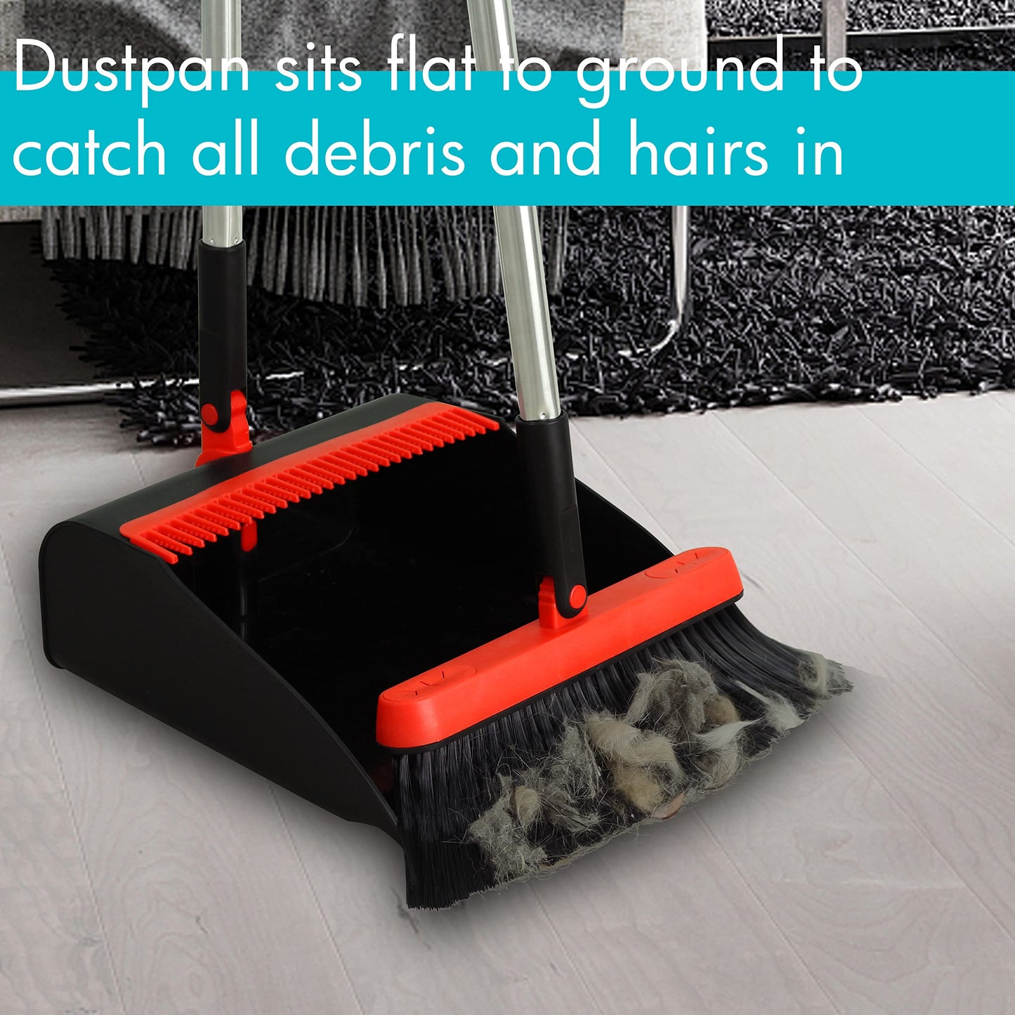 PHYEX 2-Pack Broom and Dustpan Combo Set, with 48" Adjustable Long Stainless Handles, Stand Up Dustpan with Self-Cleaning Teeth, Ideal for Home, Office, Kitchen, Indoor & Outdoor Use, Black