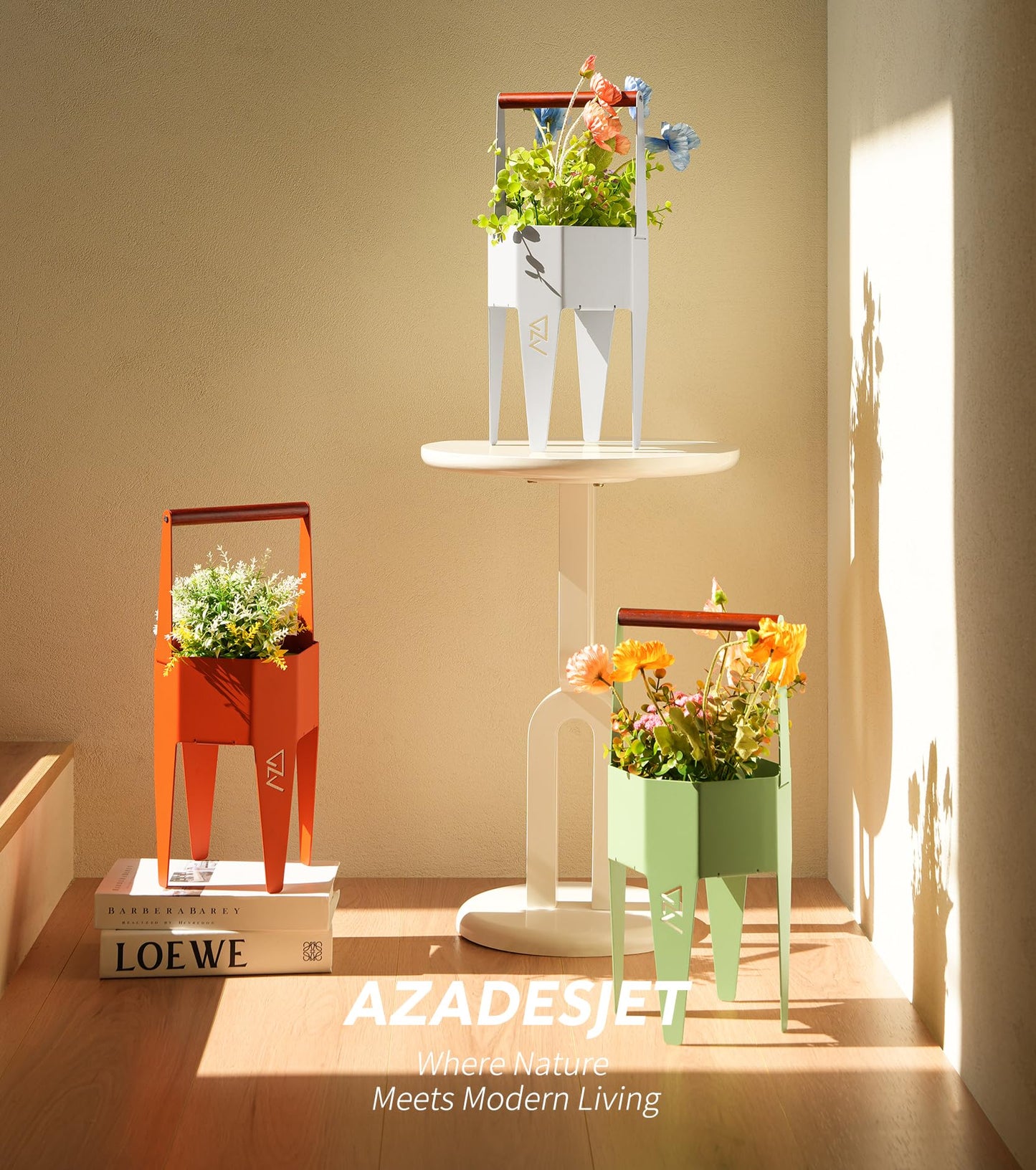AZADESJET Planter with Stand, Metal 2 in 1 Portable Planter with Grow Bags & Handle, Stable Stylish Indoor Plant Pots with Stand, Modern Flower Pots Outdoor, 7.5'' x 17.3'', White, Plant Not Included