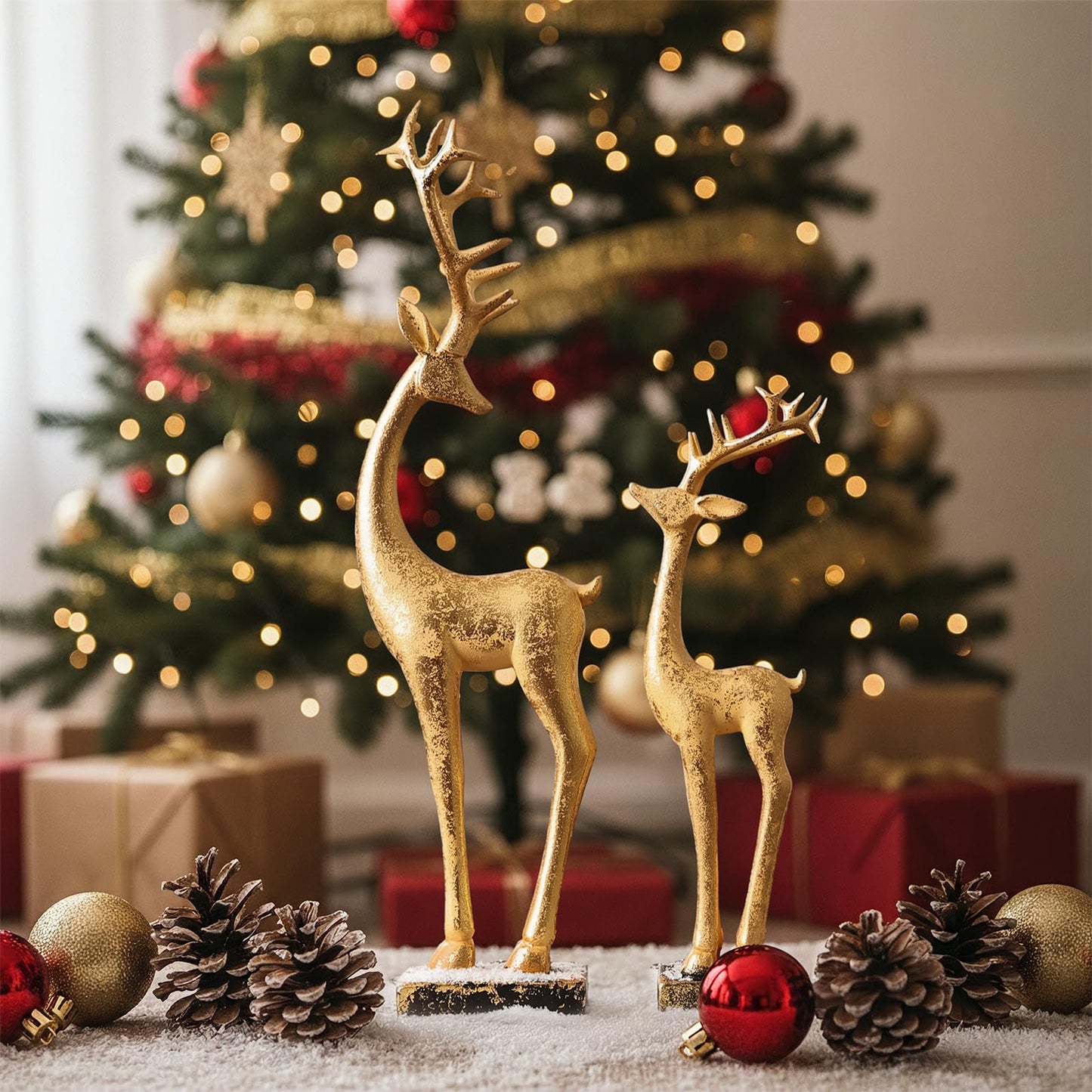 Pawliss Resin Christmas Table Decor: 2pcs Golden Christmas Reindeer Figurines Set, Luxury Glitter Tabletop Centerpiece Ornaments, Farmhouse Winter Holiday Home Office Mantel Decor Party Supplies Gifts