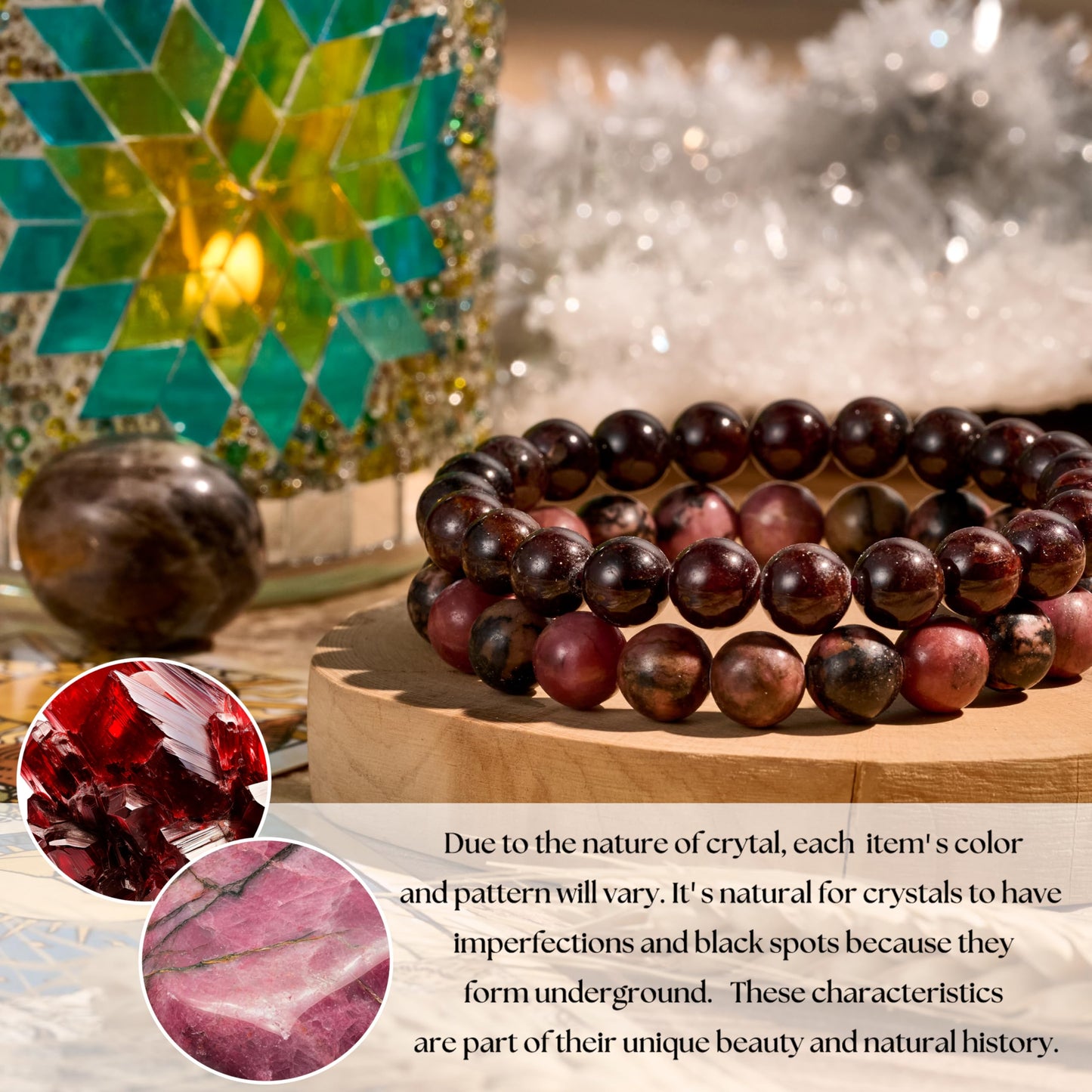 Bivei Natural Gemstone Semi Precious Crystals Handmade Stretchy Round Beads Bracelet, Enhance Positive Energy,Stocking Stuffers for Women(Garnet & Rhodonite(Passion & Love) Medium)