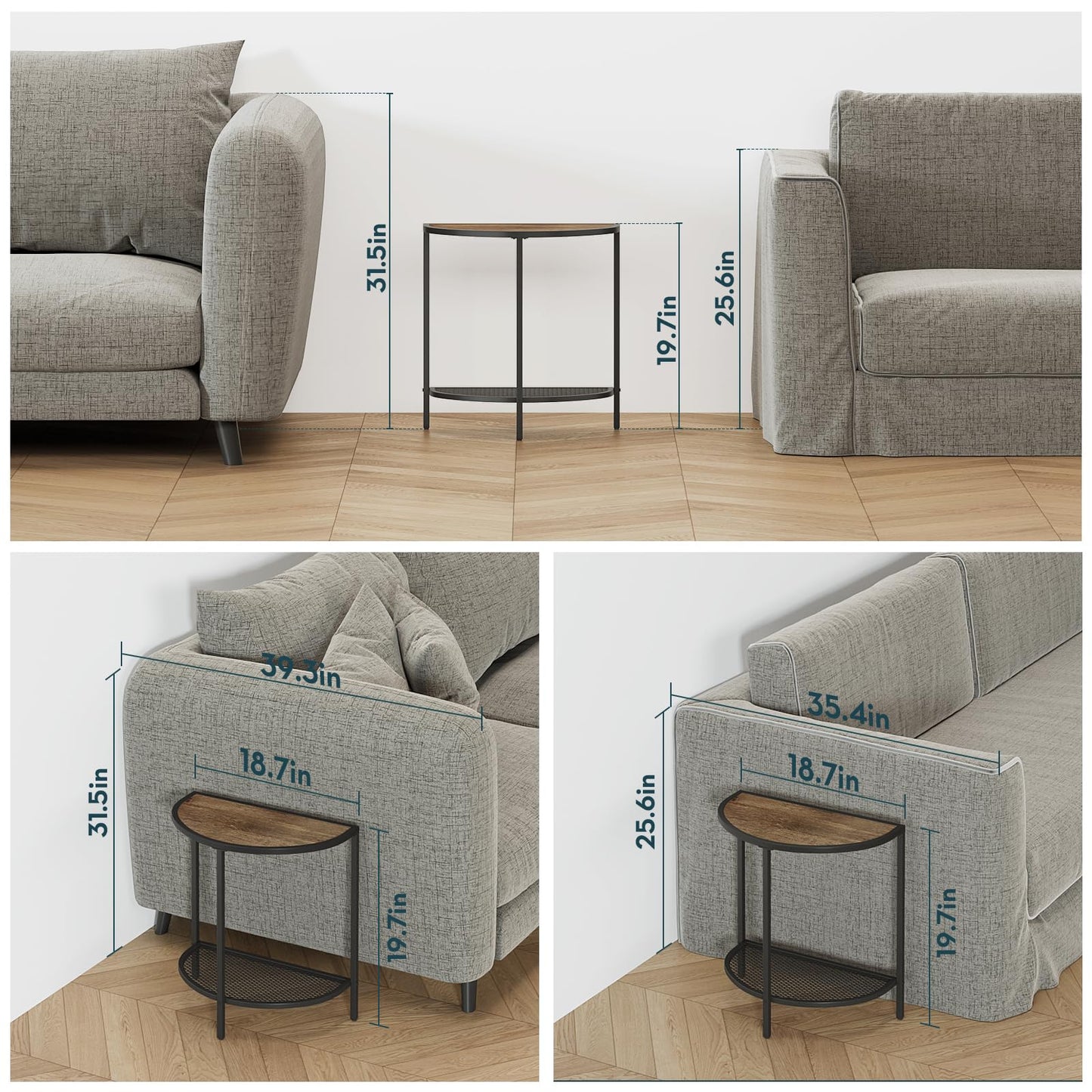 SAYGOER Small Side Table 19.7'' Half Moon Side Tables for Living Room 18.7"*10.4" Unique Modern Half Round Bed for Home Balcony 2 Tier Couch Tables with Storage Shelf, Adjustable Feet, Dark Walnut