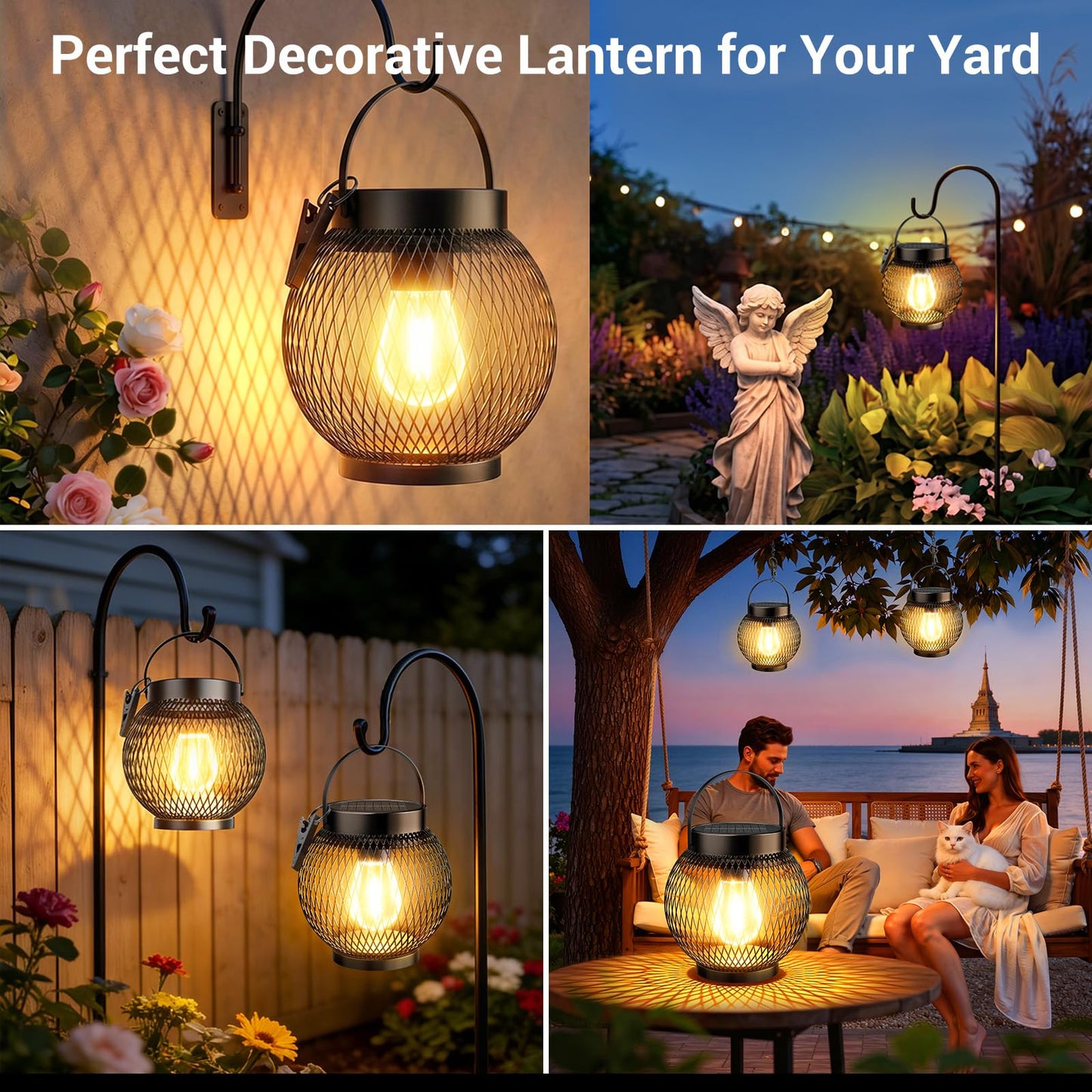 Tuyluxe Solar Lantern Outdoor Waterproof, 4 Pack Upgraded Metal Bright Hanging Solar Lights with Clip, Solar Powered Hanging Lanterns for Outside Patio Porch Garden Decorative