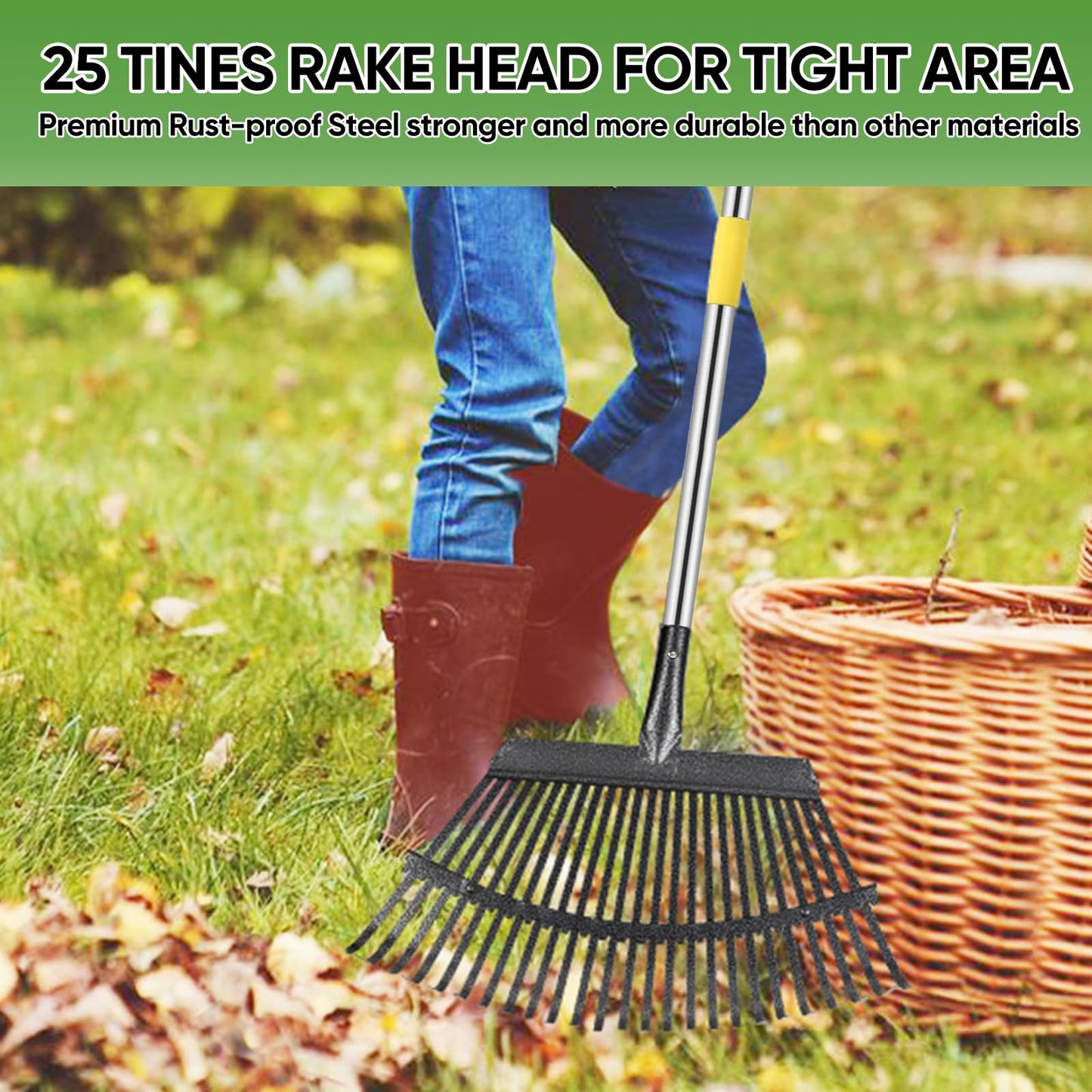 Coopvivi Rake Heavy Duty 6FT Long Garden Rake , 18.5 Inch Wide Leaf Rake for Lawns, 25 Metal Tines, Adjustable Stainless Steel Handle, Rakes for Leaves, Yards, Grass, Garbage, Weeds, Debris (Yellow)