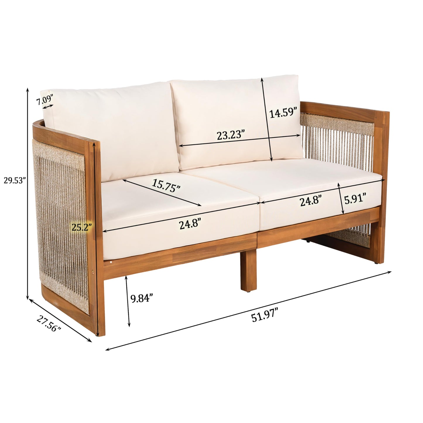 Merax 4-Piece Patio Premium Acacia Wood Outdoor Furniture Set,All Weather Curved Tub Design with Woven Rope Accents Loveseat Chairs and Table for Backyard, Balcony and Deck,Teak+ Beige