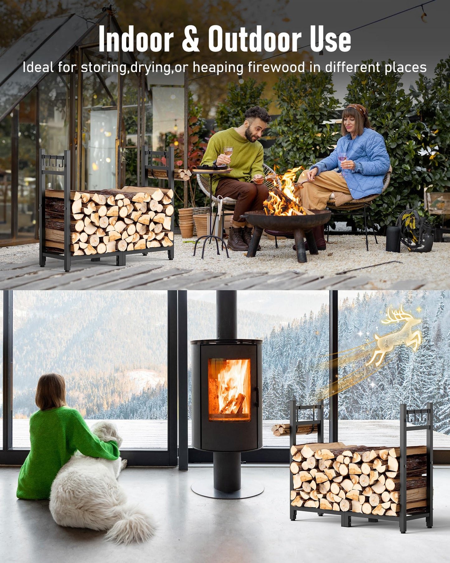 Brightown 34inch Firewood Rack Indoor with Log Carrier, Outdoor Wood Rack for Firewood,Fire Wood Storage with Kindling Hooks, Adjustable Pads, Heavy Duty Logs Holder for Fireplace Deck Outdoor, Black