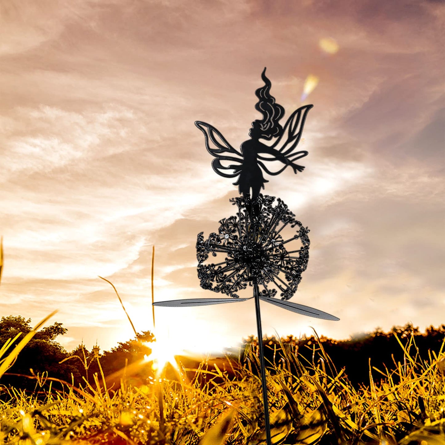 2 Pcs Dancing Fairy Dandelion Garden Sculptures Metal Art Outdoor Ornaments Whimsical Flower Fairy Silhouette Statues for Yard Lawn Patio Landscape Decor Adding Enchanting Magic to Outdoor Space