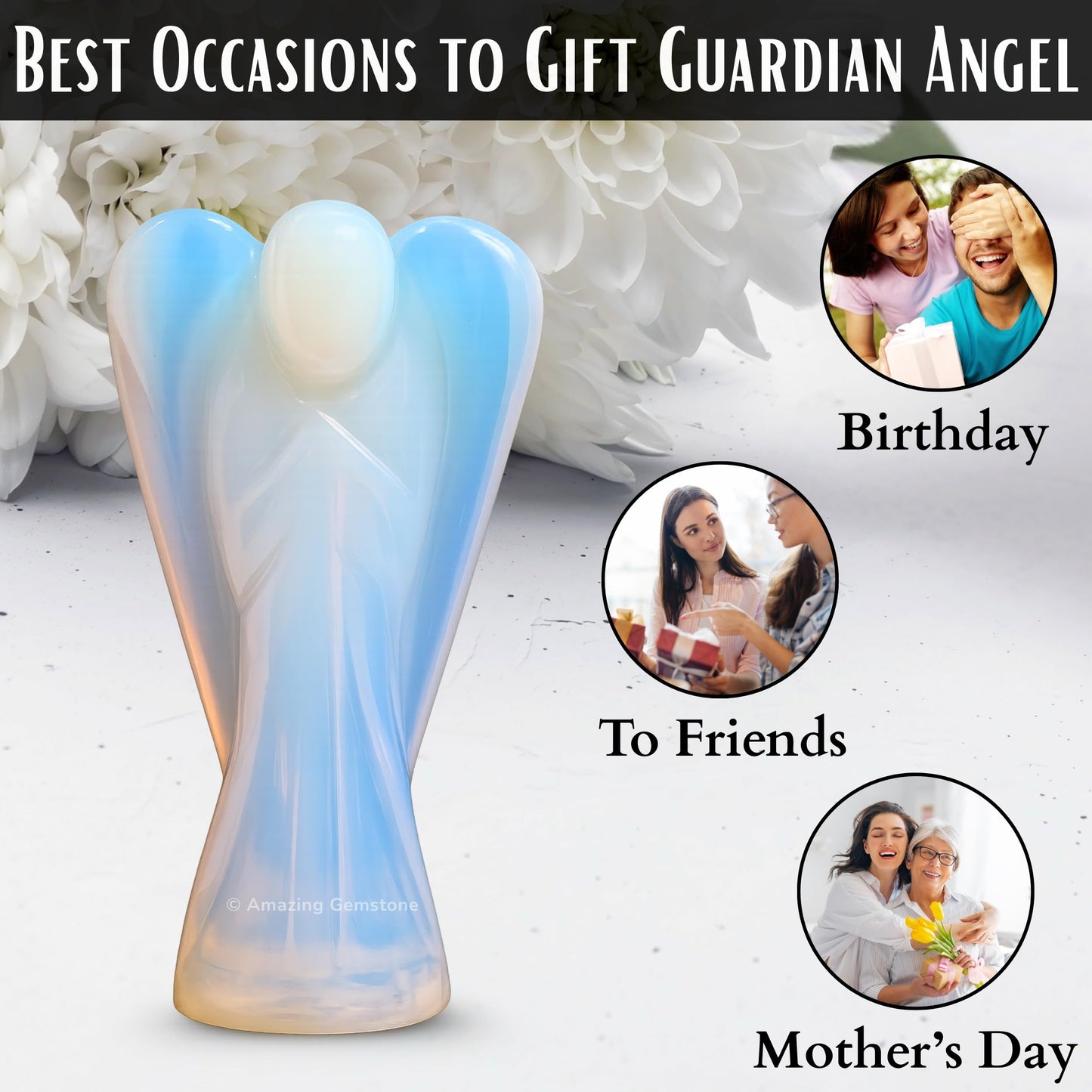 Amazing Gemstone Opalite Crystal Guardian Angel Figurines Ornament for Healing Birthstone, Decoration Statue (Hand Carved Pocket Gemstone Angel) (2 inch)