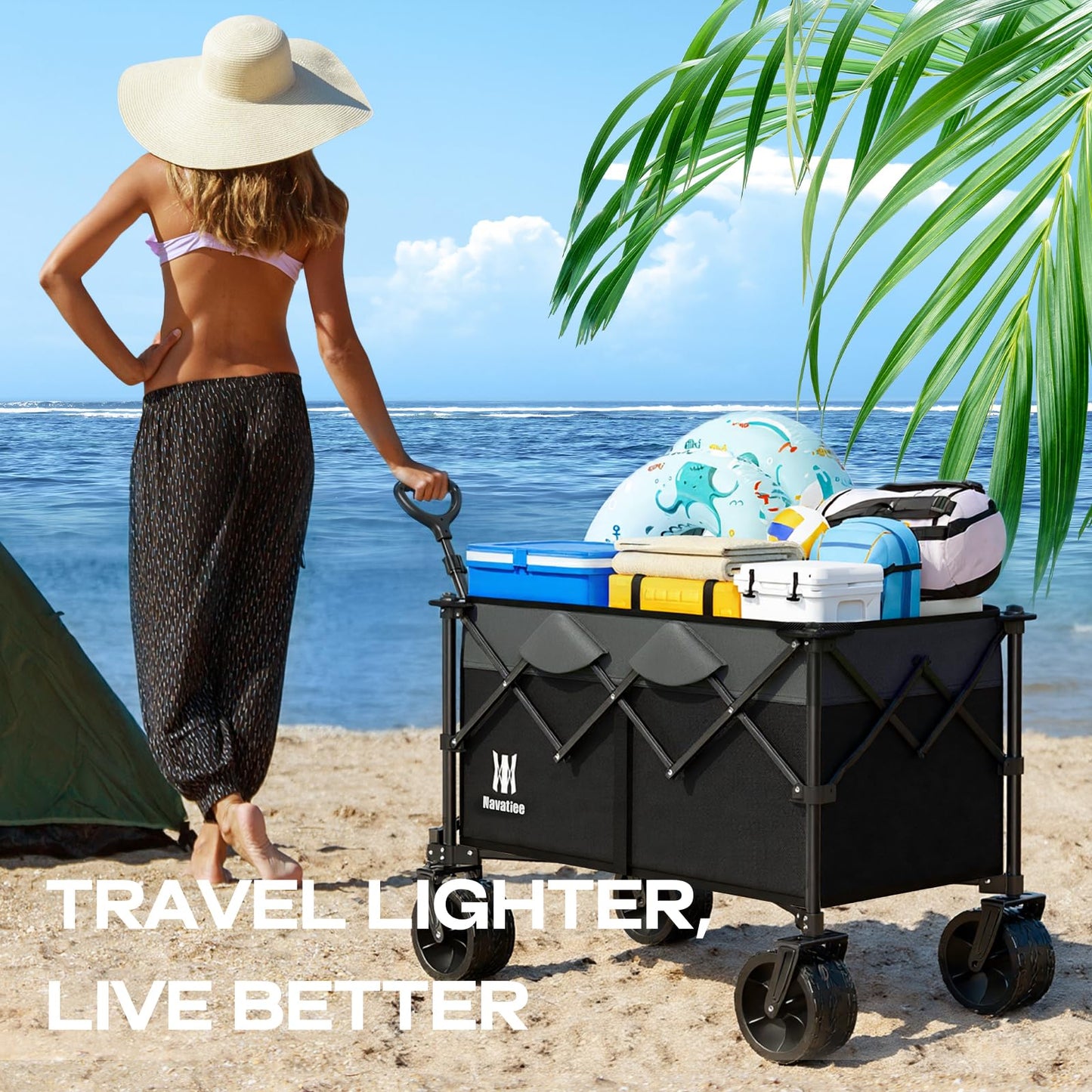 Navatiee 330Lbs Collapsible Folding Wagon, Beach Wagon Cart Heavy Duty Foldable with Big Wheels, Utility Grocery Wagon with 165L Large Capacity for Camping Garden Sports, Black