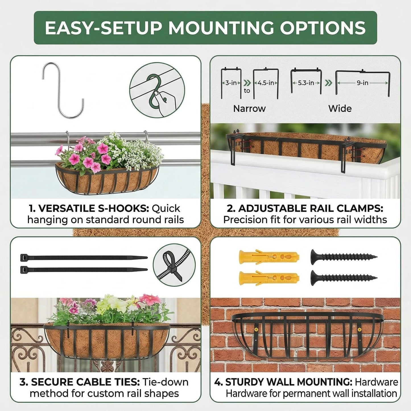 ZVOWOS 4 Pack 16" Railing Planter Window Box with Coco Fiber Liner Horse Trough Planter The Railing Planters Boxes for Deck Porch Fence Outdoor