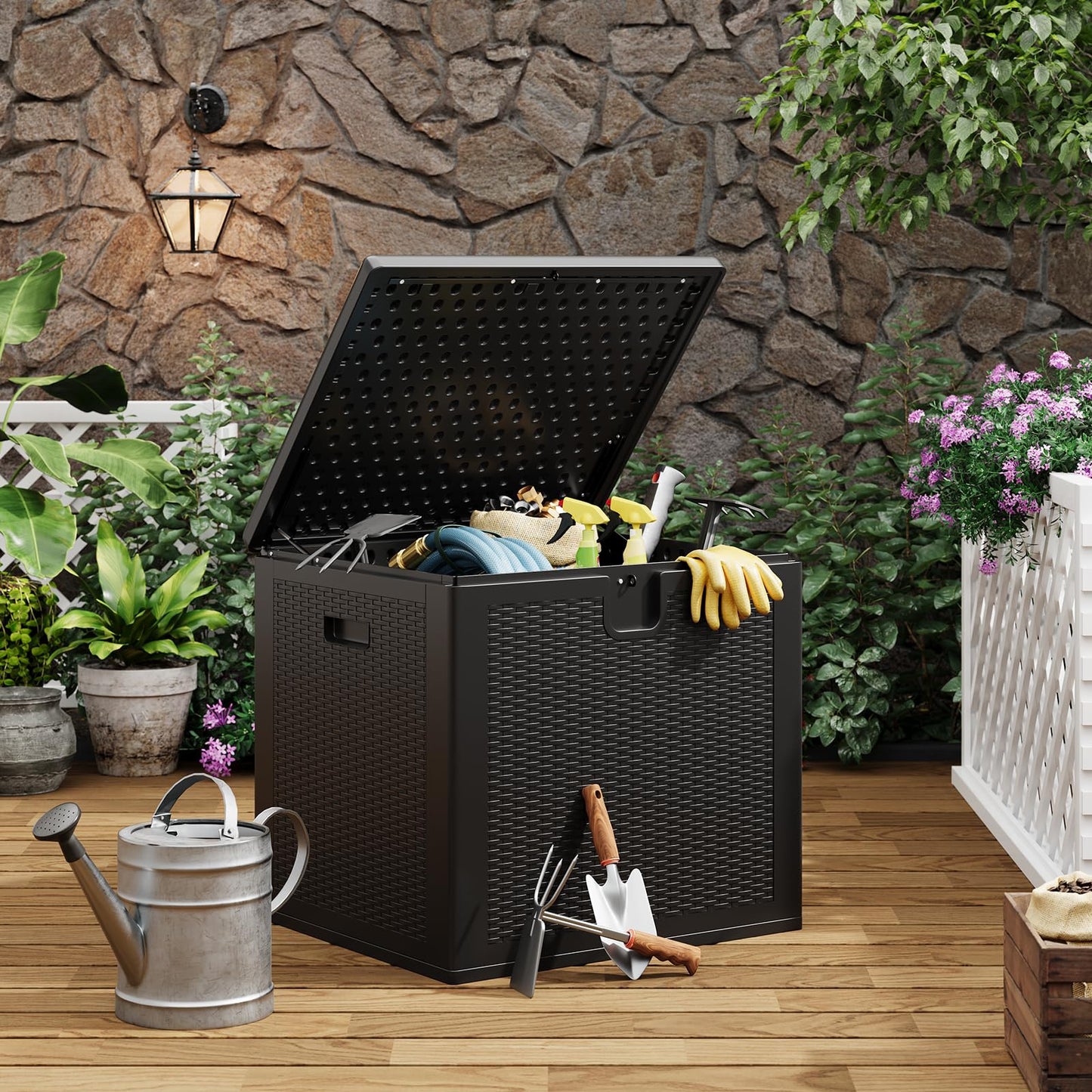 Garvee 80 gal Outdoor Storage Box, Large Waterproof Resin Deck Box Indoor Outdoor Use, Lockable UV Resistant Storage Bin for Patio, Garden, Cushions, Tools, Equipment, Black