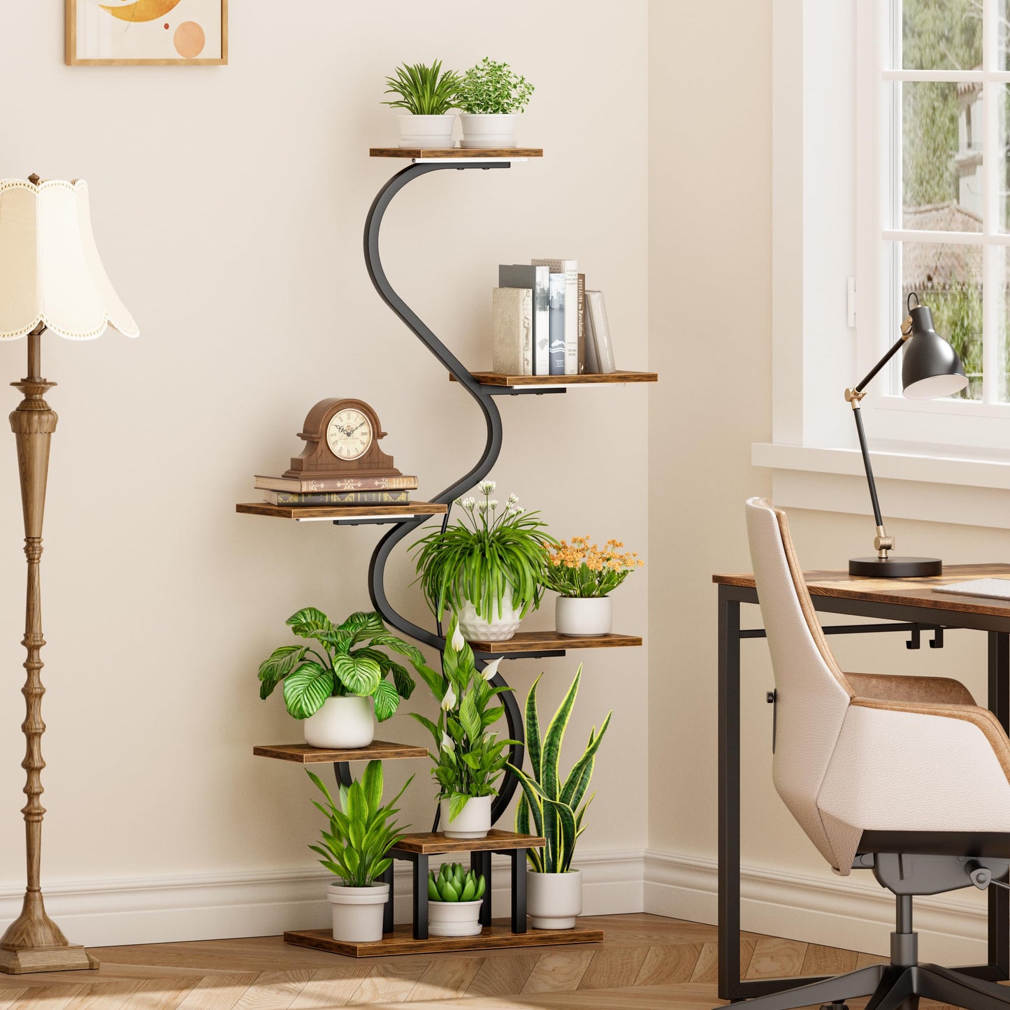 CODACE Plant Stand Indoor with Grow Lights - Tall Corner Plant Shelf, 7 Tiered Plant Stands for Indoor Plants, Metal Flower Plant Rack, Curved-Shaped Inoor Plant Holder for Living Room, Patio(Black