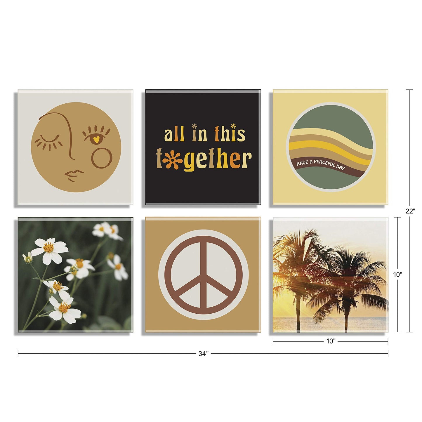 Kate and Laurel Self Stick Floating Acrylic Art, Set of 6, 10x10, Elevated Retro Wall Decor