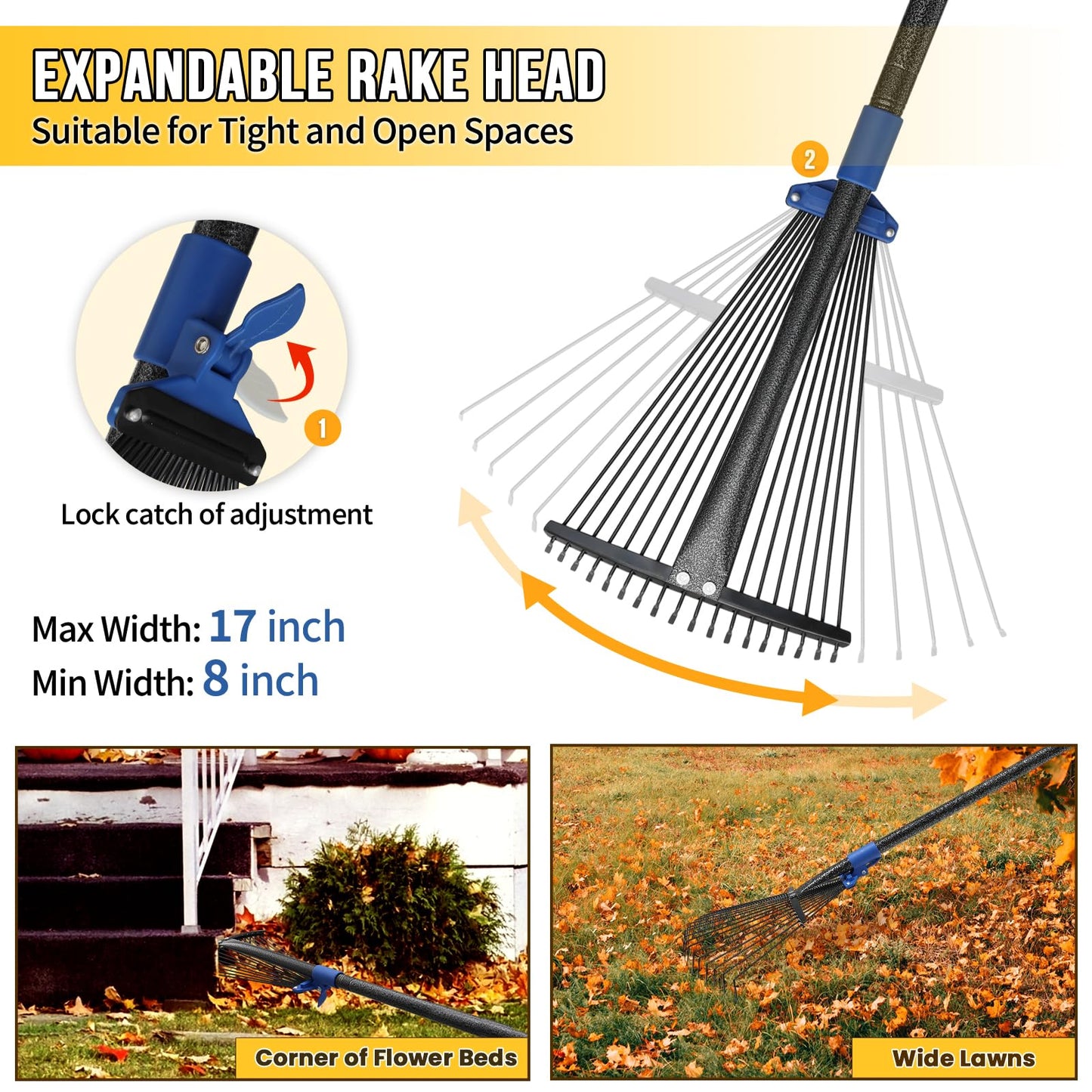 Adjustable Leaf Rake, Heavy Duty Metal Rake for Leaves, Long Handle 30"-75" with Expandable Head 8"-17", Collapsible Small Rakes for Lawns, Gardening, Yard, Camping, Shrub, Grass, Bush, Weed, Debris
