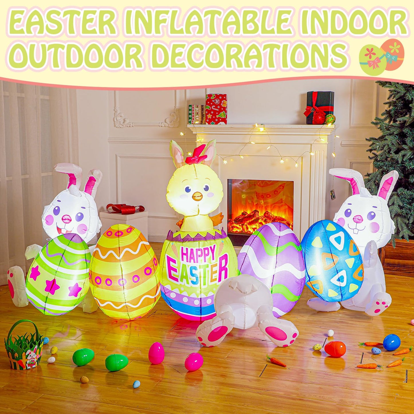 Shappy 7.2 ft Long Easter Inflatable Bunny Outdoor Decorations with Egg Chick Lighted Easter Bunny Blow up Yard Decorations, Built-in LED Lights for Outdoor Holiday Yard Garden Lawn Party