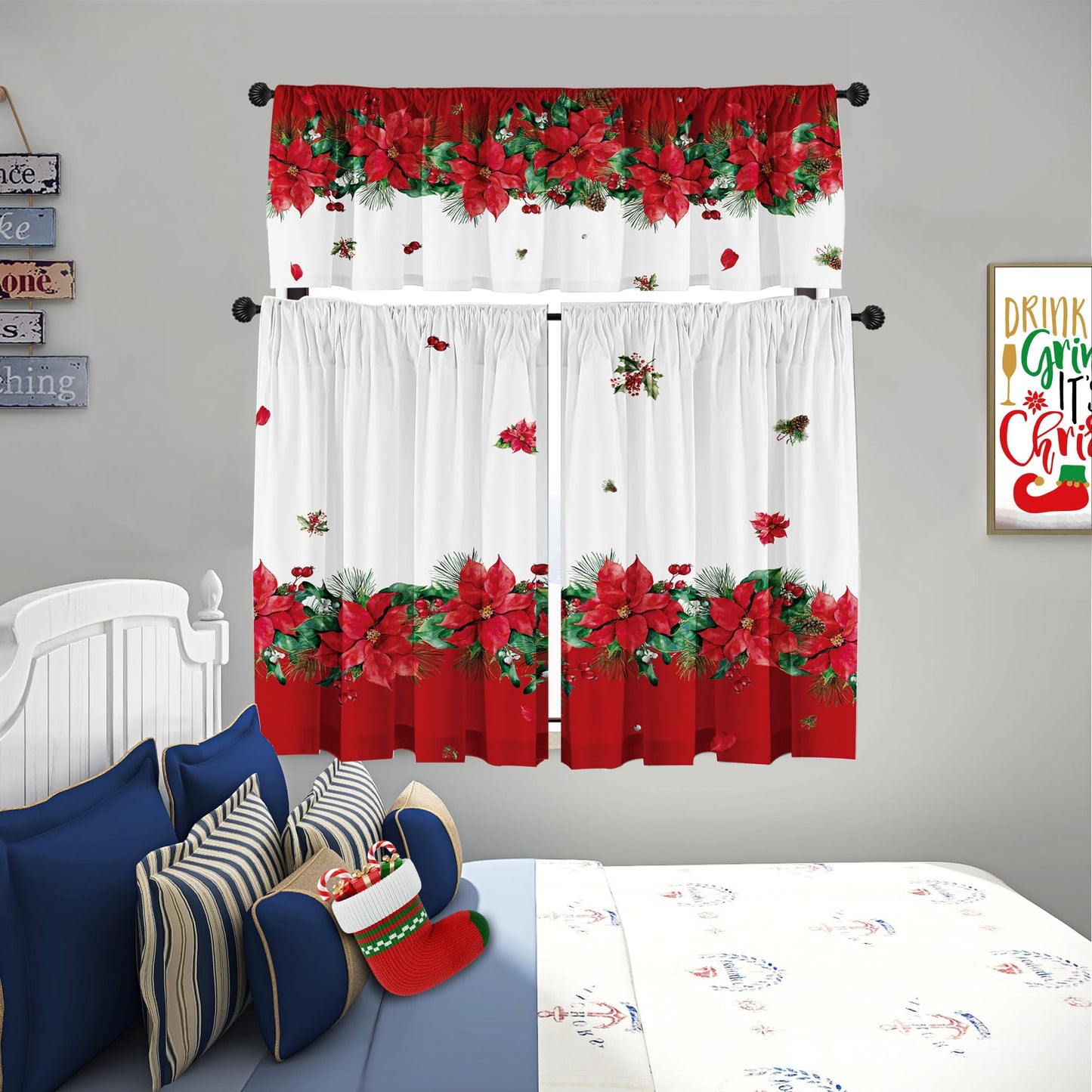 Cuteiush Christmas Poinsettia Curtain Valances Set of 3 Panels,Red,White&Green Rod Pocket,Festive Decor for Kitchen Bedroom, Bathroom,Laundry,52x18 Inch + 2x36x26 Inch