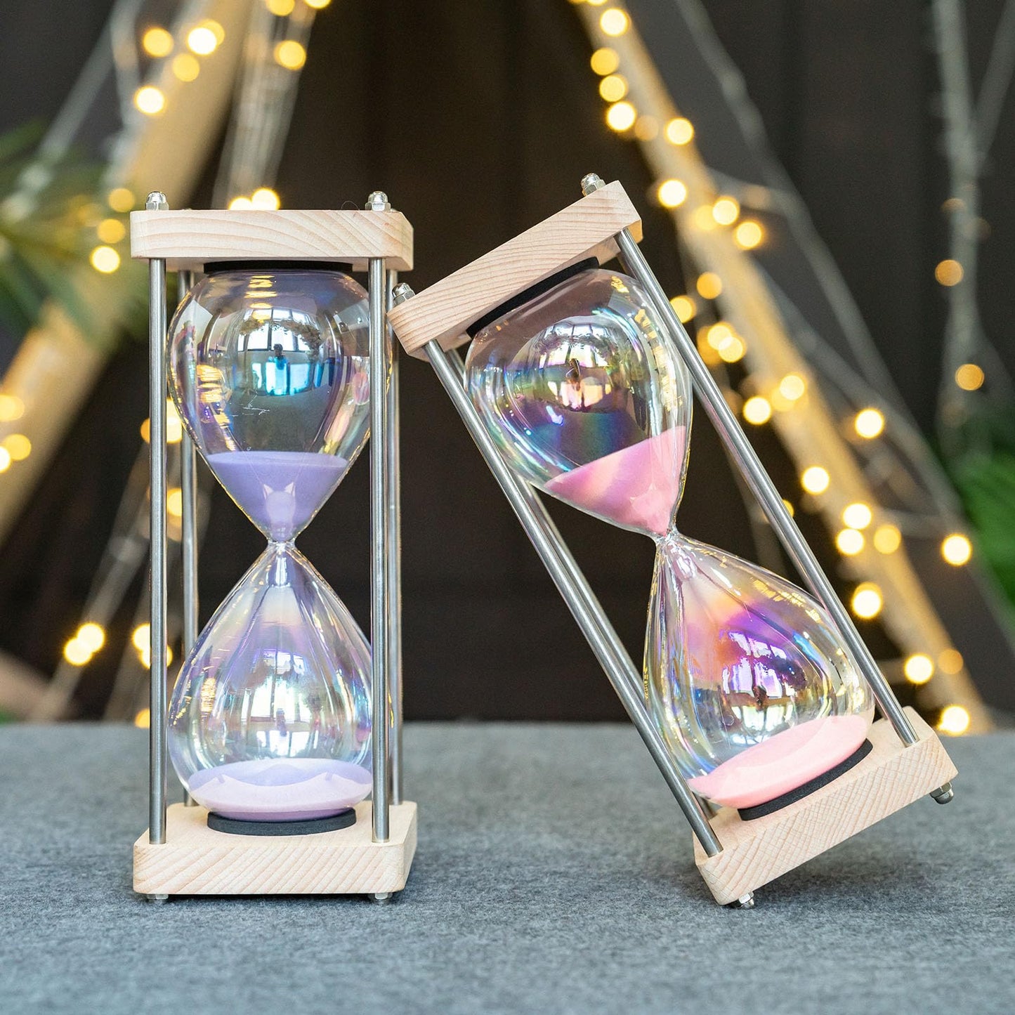 Large 60-Minute Hourglass Sand Timer,Pastel Macaron Glass & Natural Oak Wood Base, Modern Minimalist Office Home Desktop Decor (Macaron Pink)
