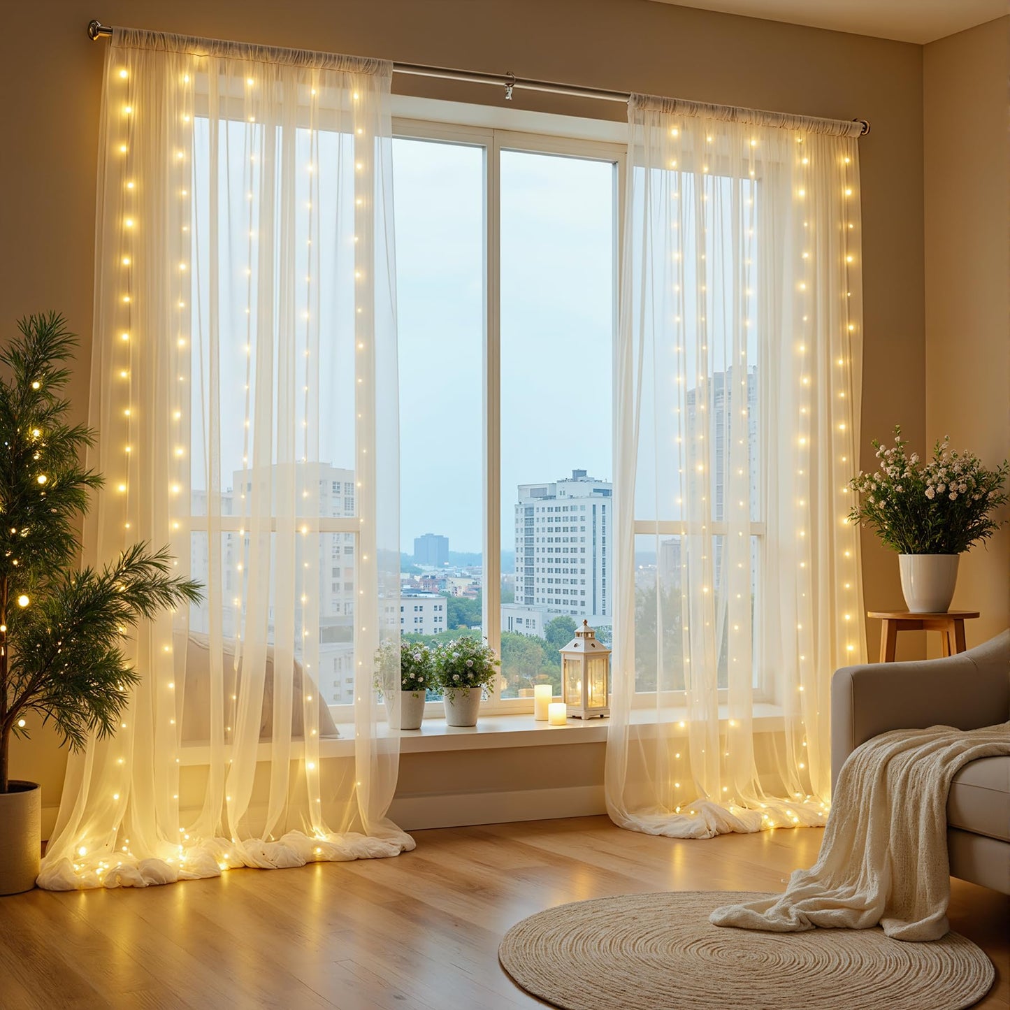 10x10ft Cream White Tulle Backdrop Curtains with Lights String for Parties,Wrinkle Free Sheer Curtain Wedding Photo Backdop Drapes for Baby Shower Birthday Party Photography Home Decorations