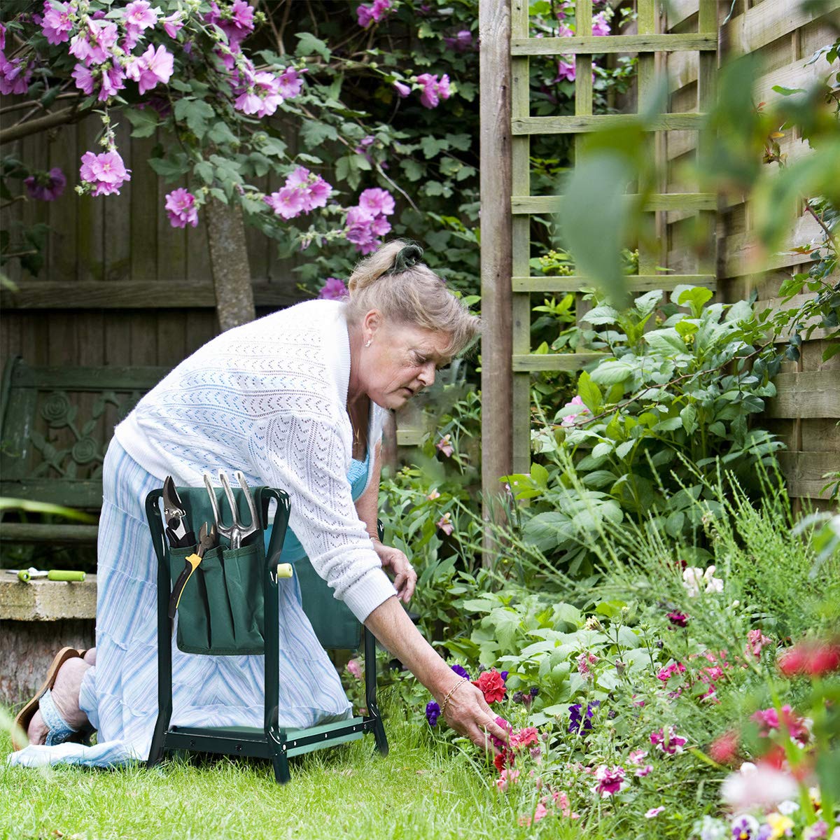 OFFICEJOY 2-in-1 Garden Kneeler & Seat, Folding Seat w/EVA Foam Kneeling Pad & Removable Tools Pouch, Sturdy Steel Frame, No Assembly, Portable Heavy Duty Garden Stool for Women & Men