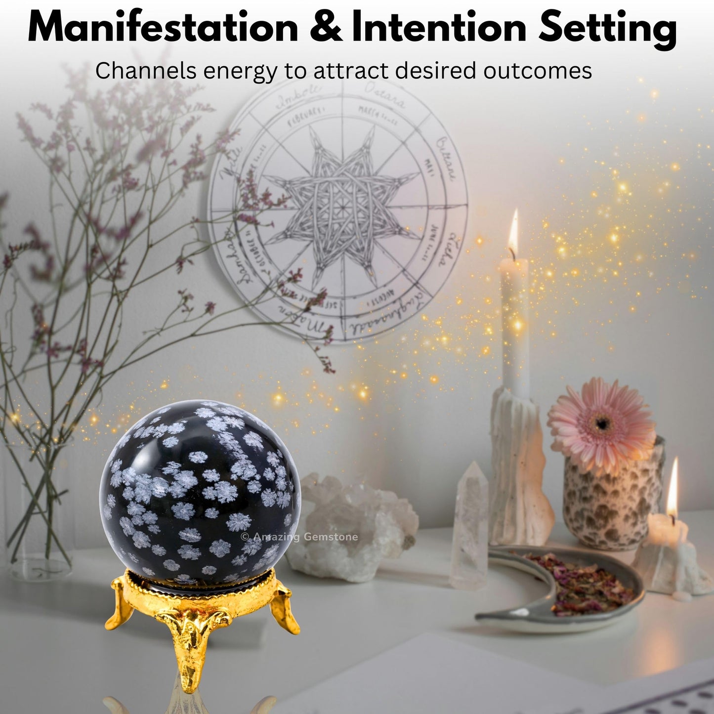 Amazing Gemstone Snowflake Obsidian Crystal Ball with Stand - 2" Inches Crystal Sphere Meditation Balls for Witchcraft and Decorative Balls