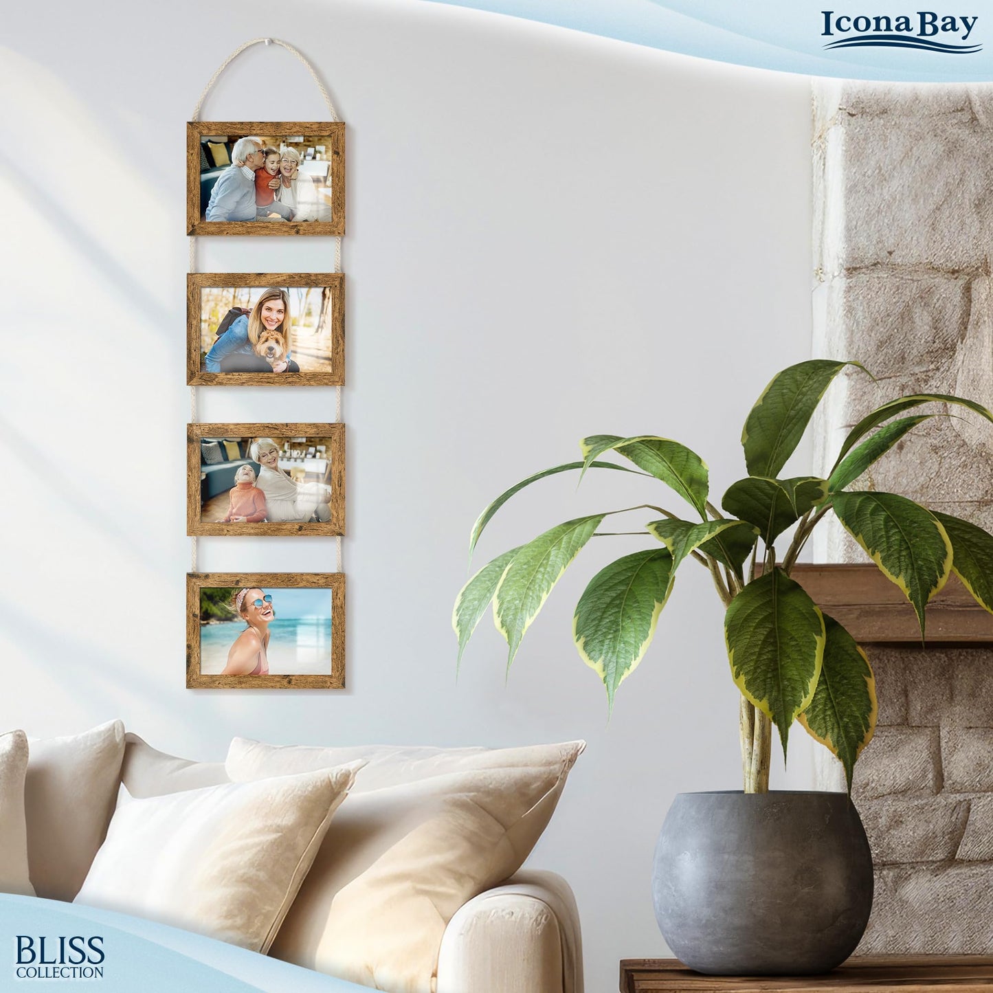 Icona Bay - 4x6 Wall Hanging Picture Frames Collage with 4 Openings - Rustic Brown - Casual Style Engineered Wood Frames - Wall Mount Only - Bliss Collection