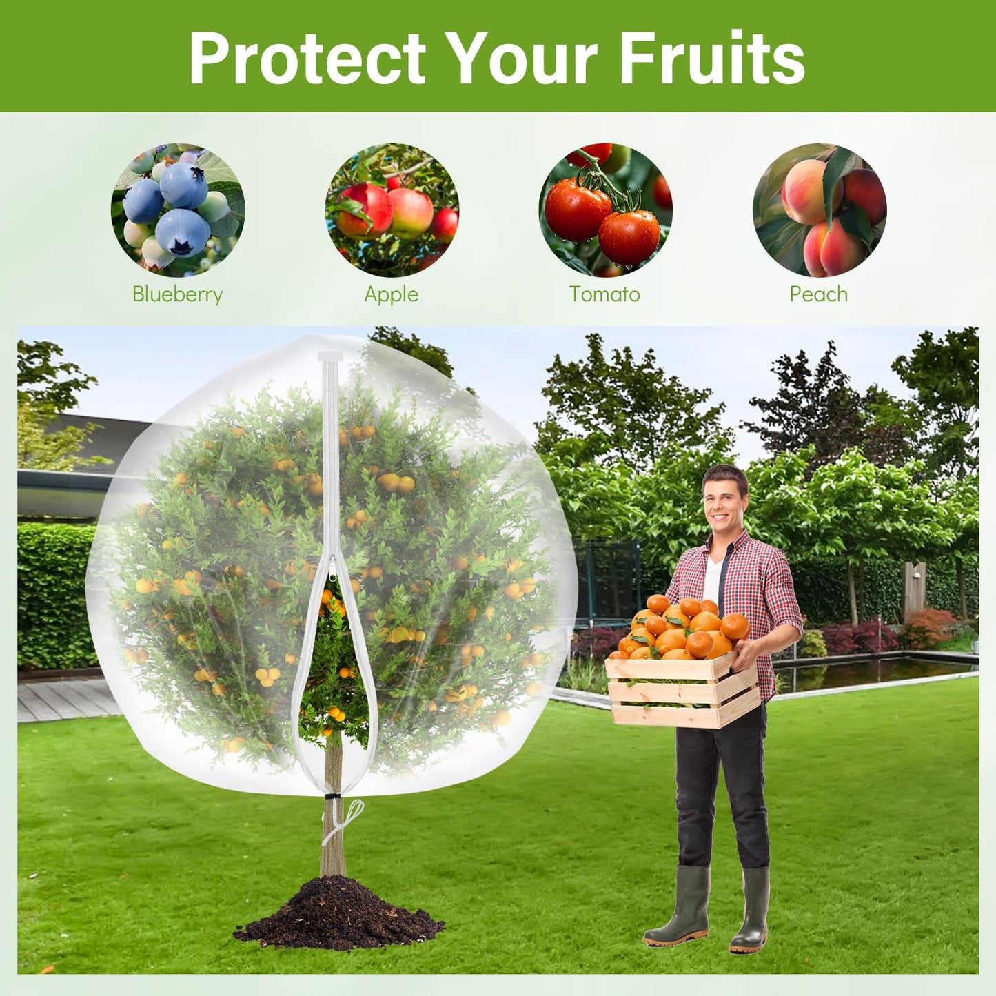 2 Pack Fruit Tree Netting Cover with Zipper and Drawstring, 6.6 x 6.6 Ft Bird Mesh Netting Barrier for Blueberry Bushes, Garden Plant Net Tree Protection Netting Cover for Apple Vegetables Fruits