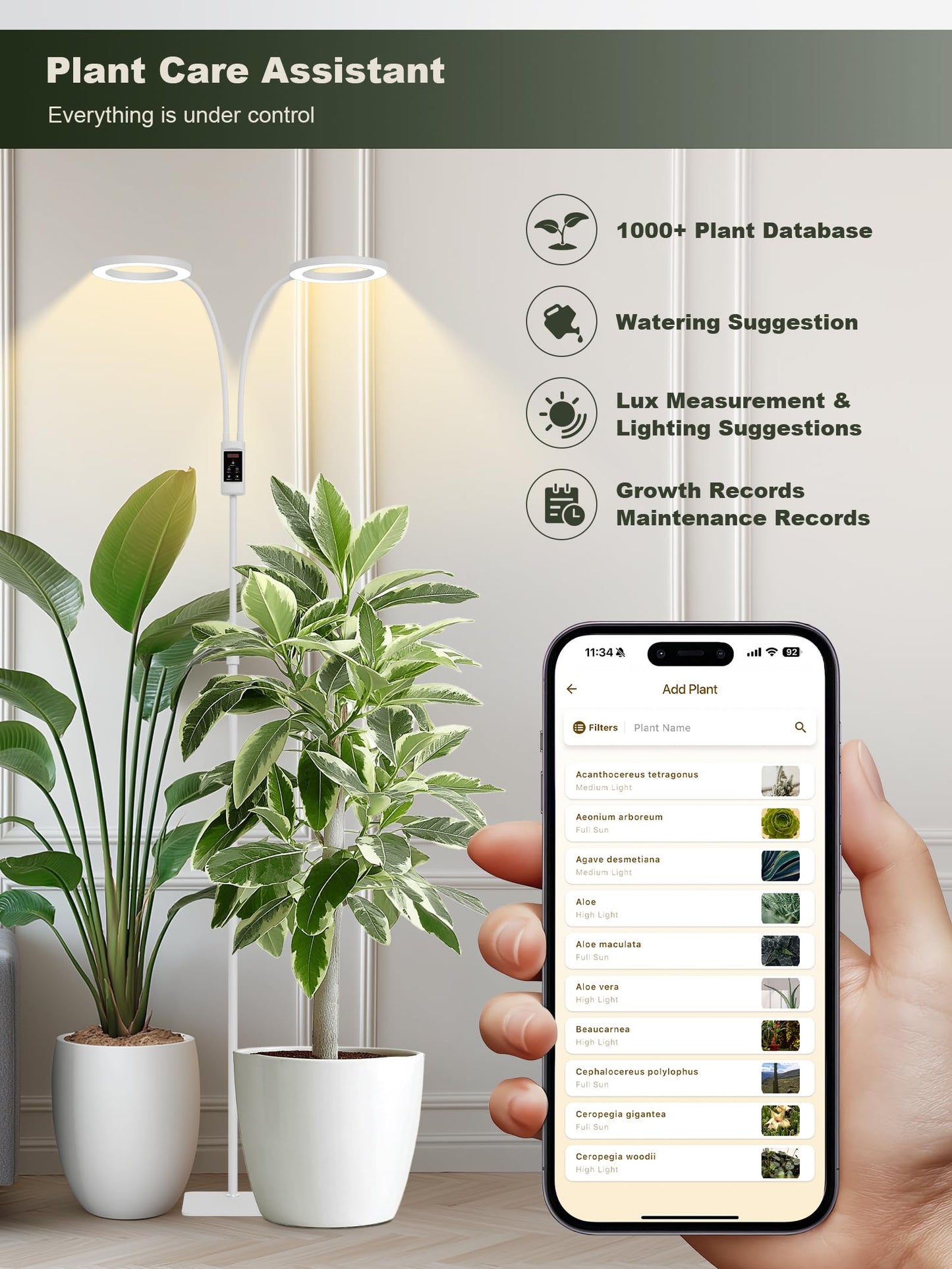 GLOWRIUM Smart Grow Lights for Indoor Plants, 48W Full Spectrum Plant Lights with Bluetooth App, Adjustable Height 47-70.9", Auto Timer, Indoor Plant Lamp for Large Tall Plants(White 48W)