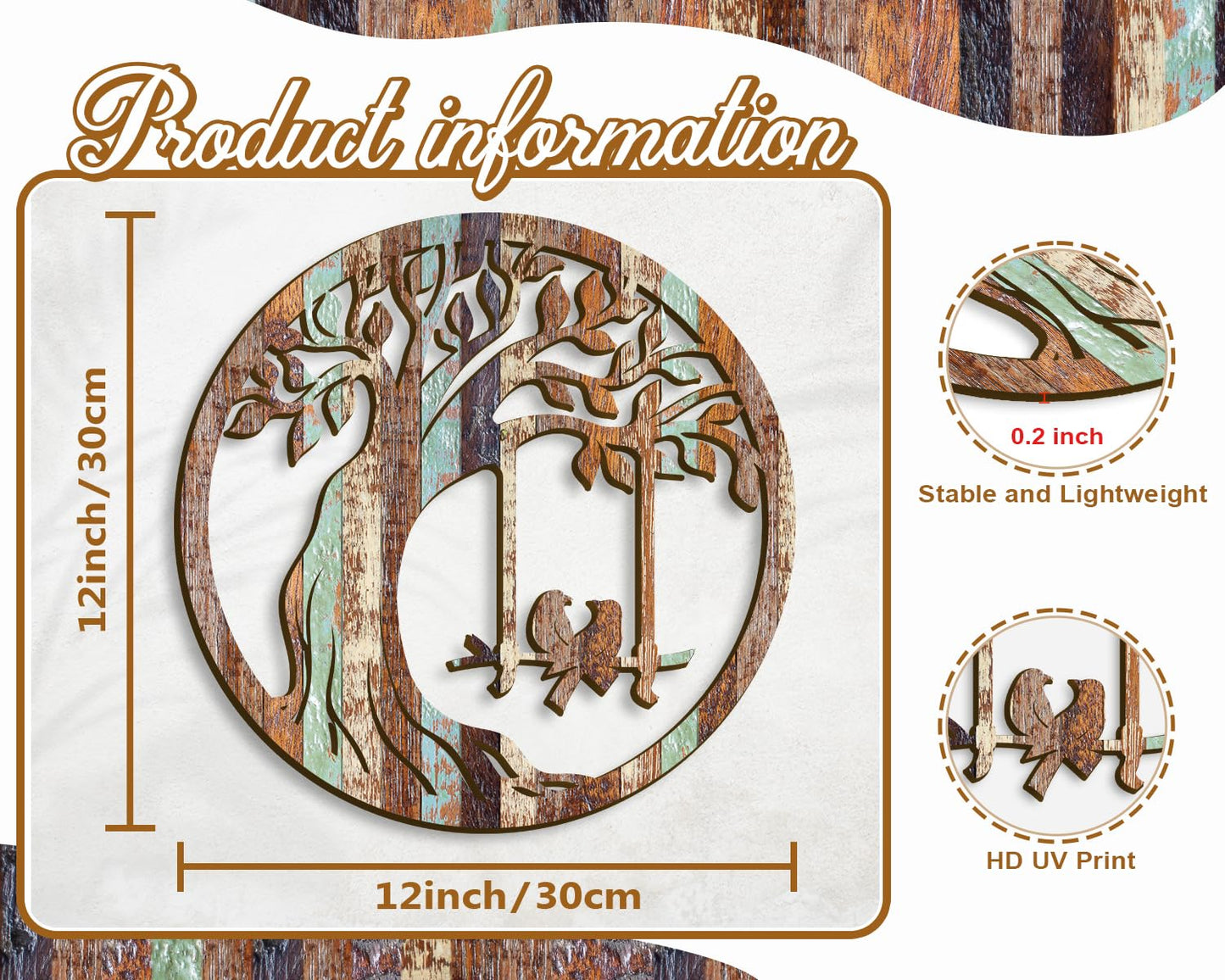 Oubasa Wooden Wall Plaque of Tree Birds Rustic Wall Hanging Decor for Bathroom Kitchen Living Room Bedroom, 12 Inch