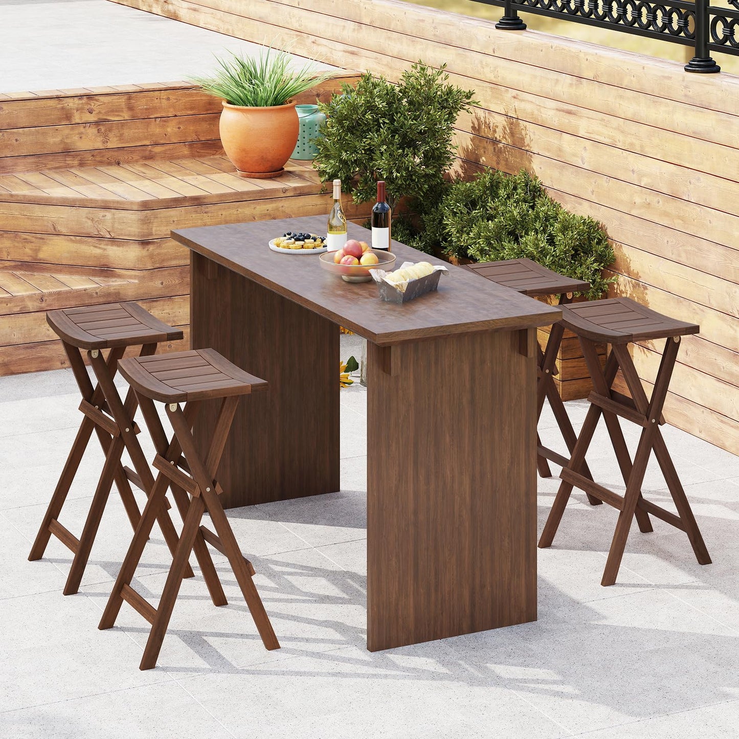 COSTWAY Folding Wooden Bar Stools Set of 2, 30-inch Height Backless Saddle Stools with Footrest, Foldable Chairs for Kitchen Island, Counter, Patio, Indoor & Outdoor, No Assembly Required, Teak