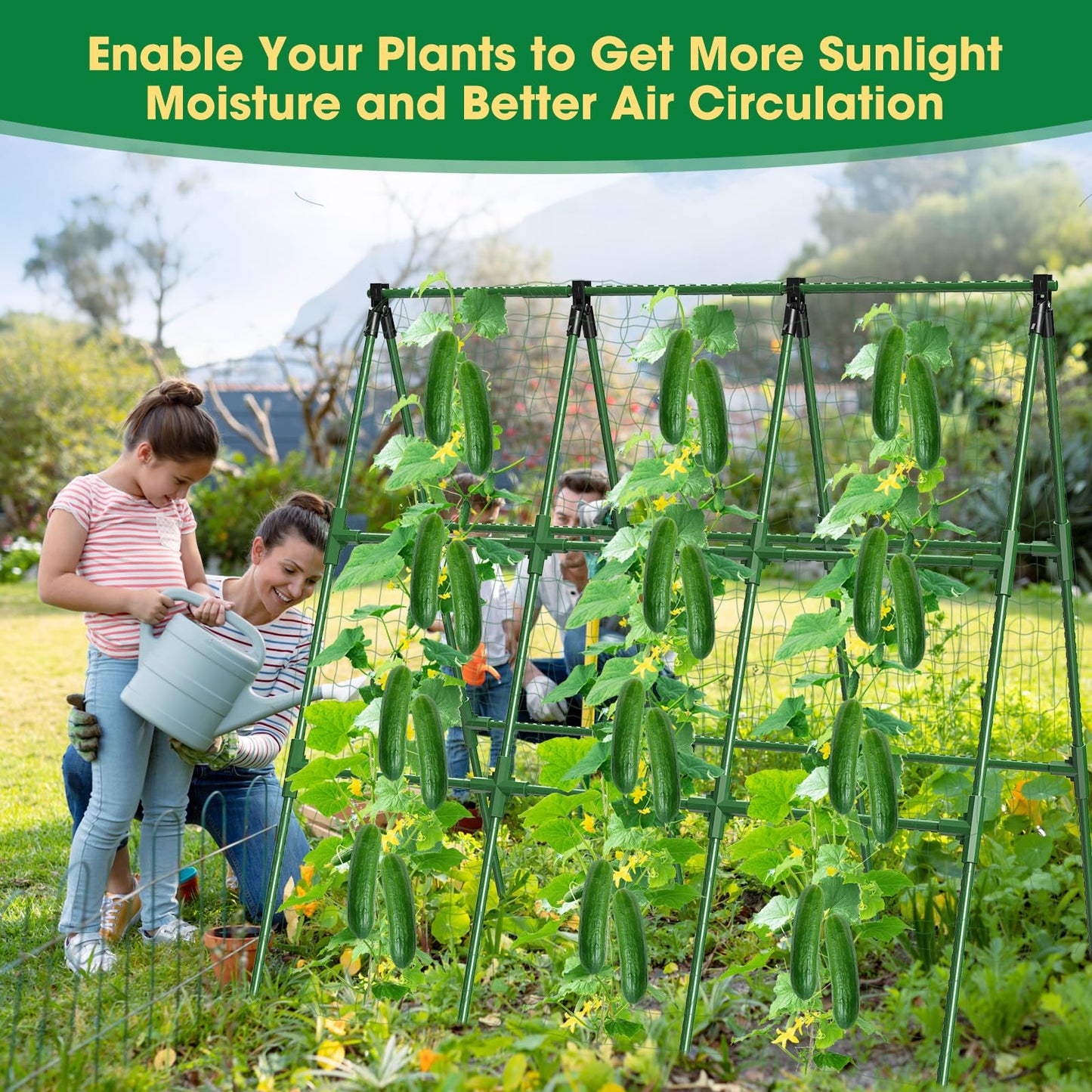 51" x 53" Cucumber Trellis for Raised Bed, A-Frame Garden Trellis for Climbing Plants Outdoor, Rust-Proof Metal Support for Tomato, Peas, Beans, Zucchini & Vines, with Netting & Clips