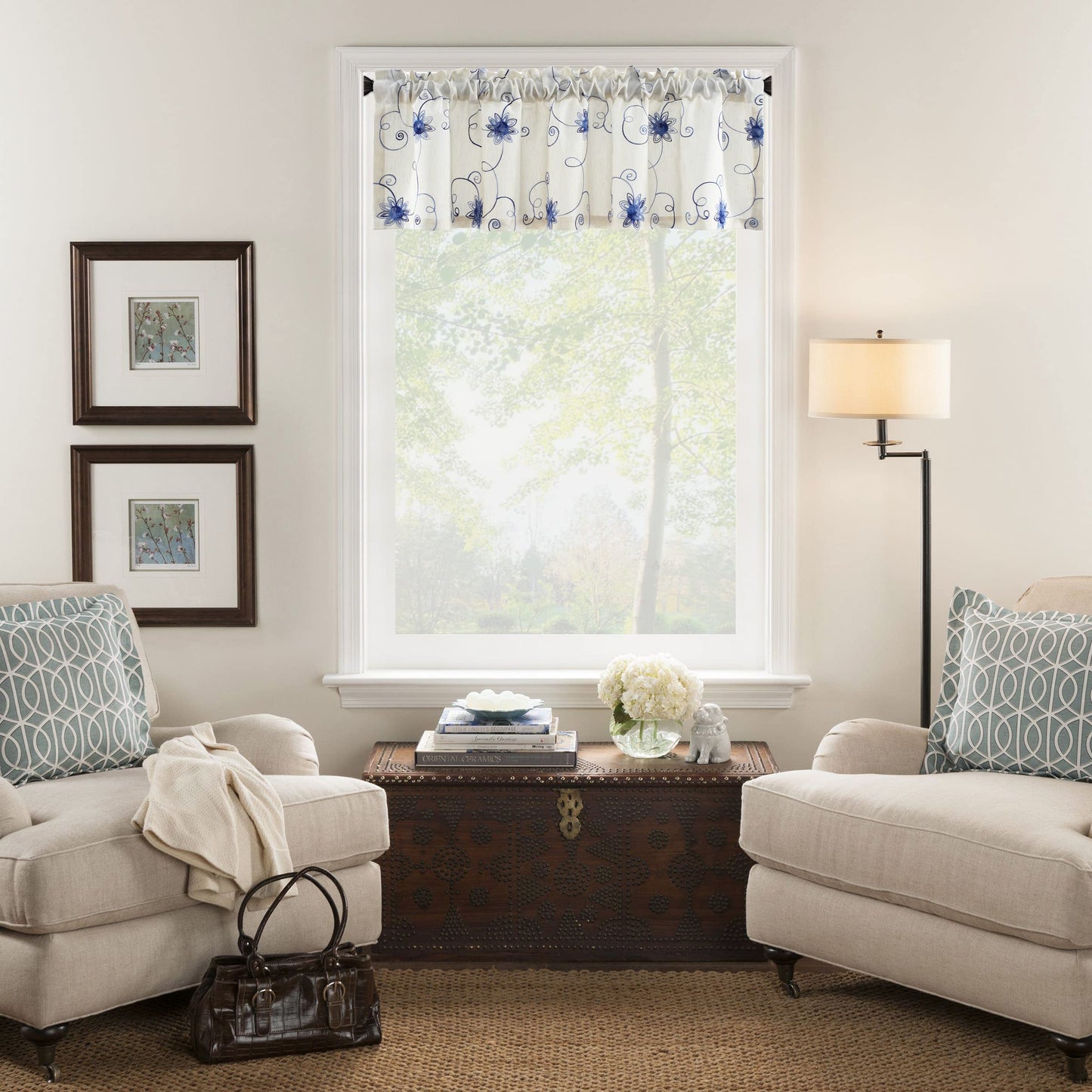 VOGOL Blue Floral Window Curtain Valance, Elegant Botanical Flowers & Vines Embroidered Window Treatment Valance, 1 Panel for Kitchen Cafe Living Room, 52 x 14 Inch, Blue