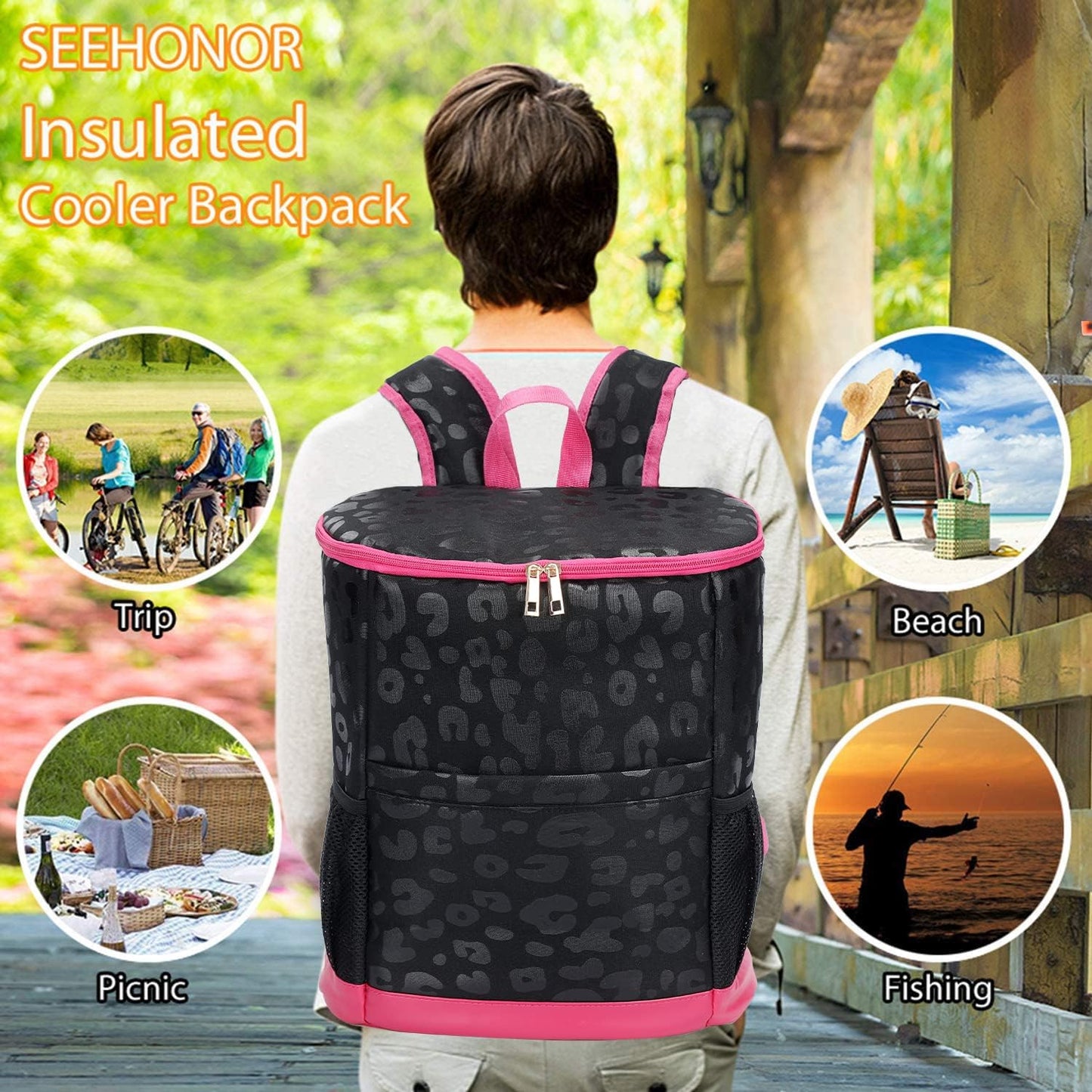 Leopard Camping Cooler Backpack Ice Chest Lunch Backpack 24 Cans Insulated Leak Proof Soft Beach Cooler Bag for Men Women Camping Hiking Picnic Travel Summer(Black Leopard)